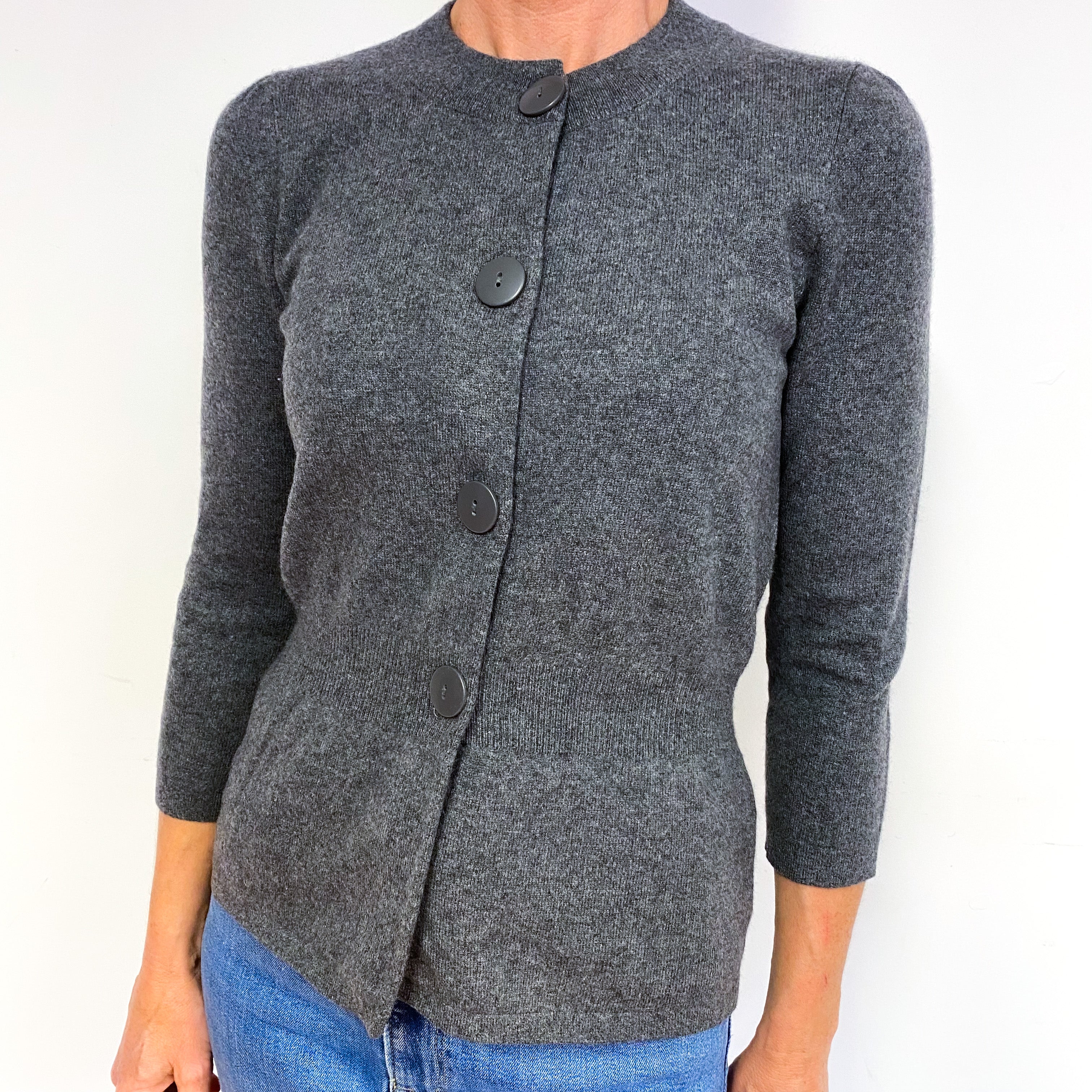 Slate Grey 3/4 Sleeve Cashmere Crew Neck Cardigan Medium