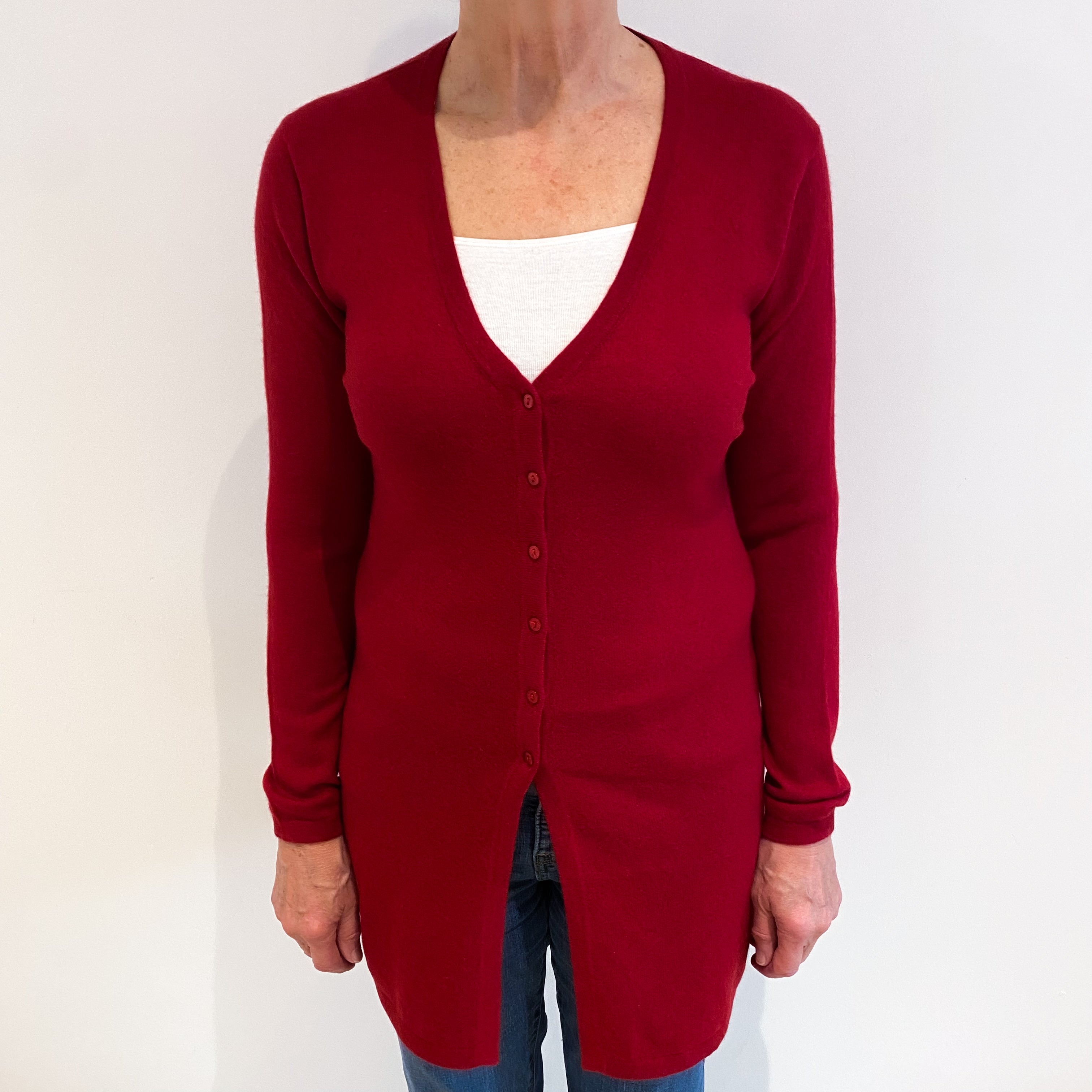 Crimson Red Cashmere Longline V Neck Cardigan Medium