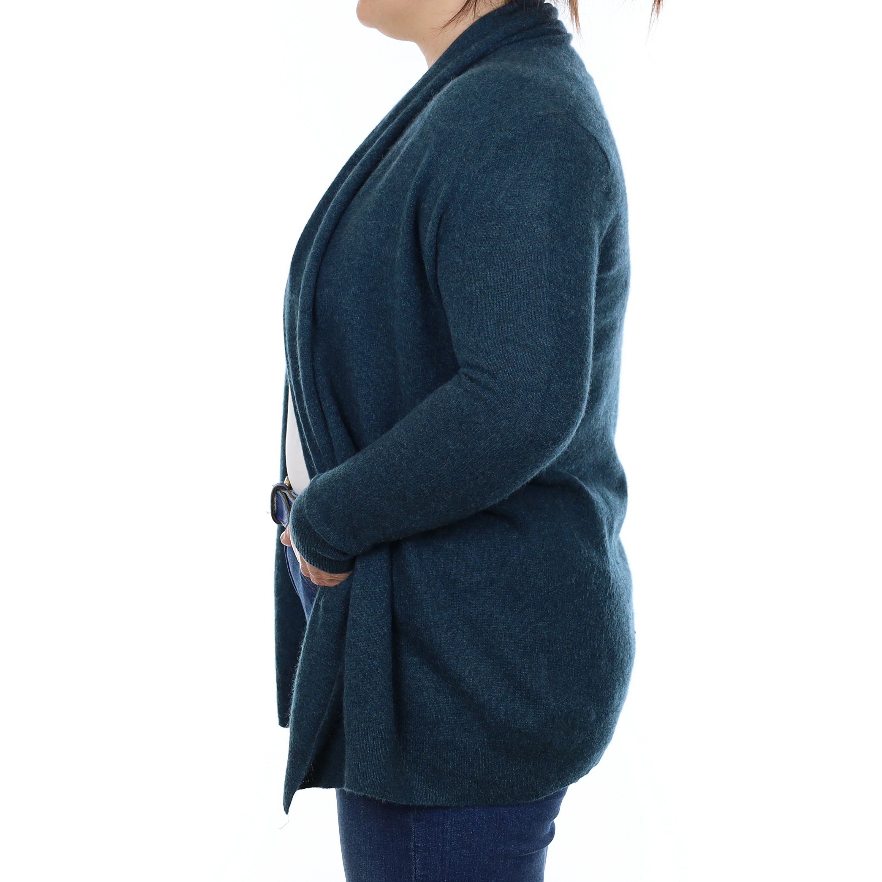 Teal Green Marl Cashmere Edge to Edge Cardigan with Pockets Large