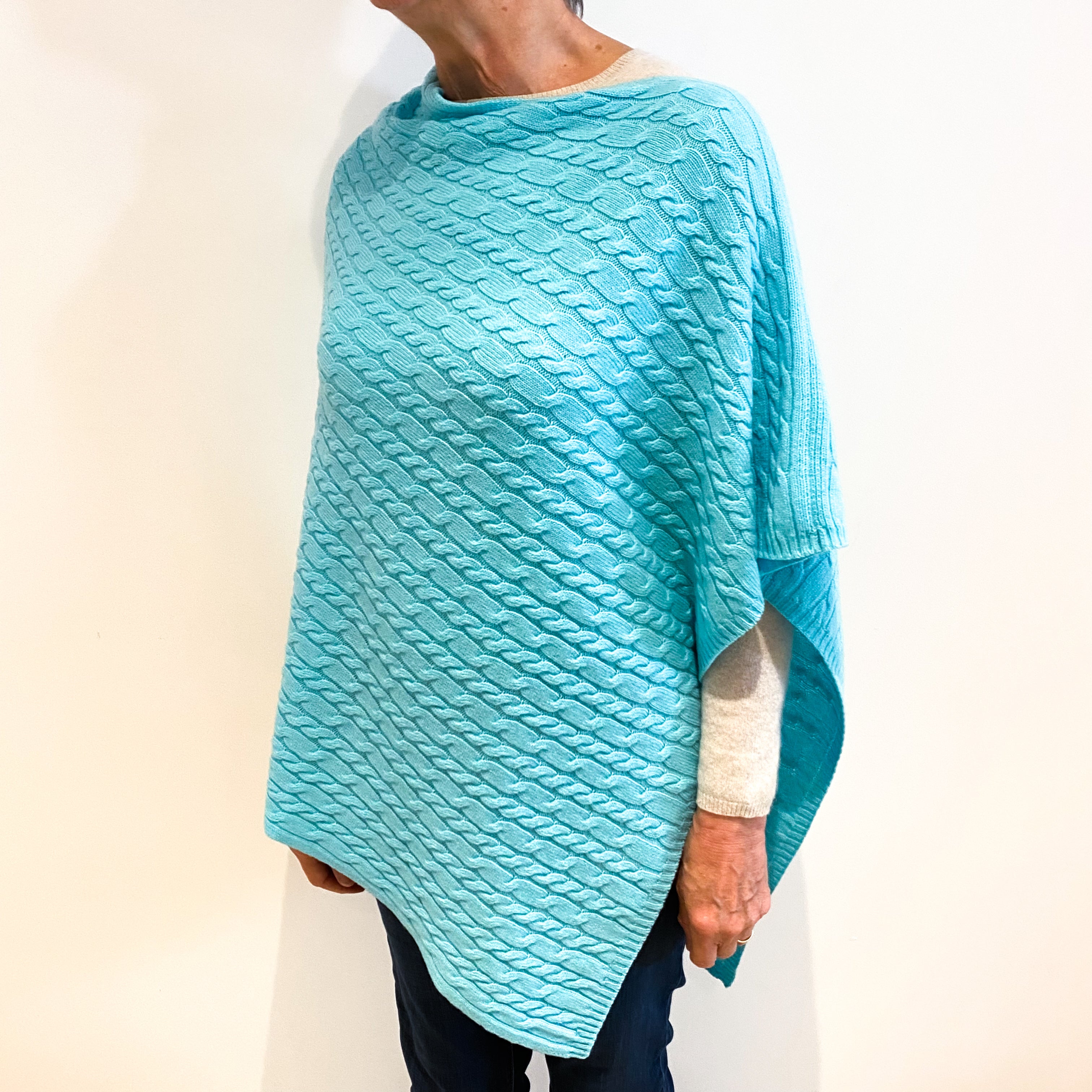 Brand New Scottish Bright Aqua Cashmere Cable Poncho One Size