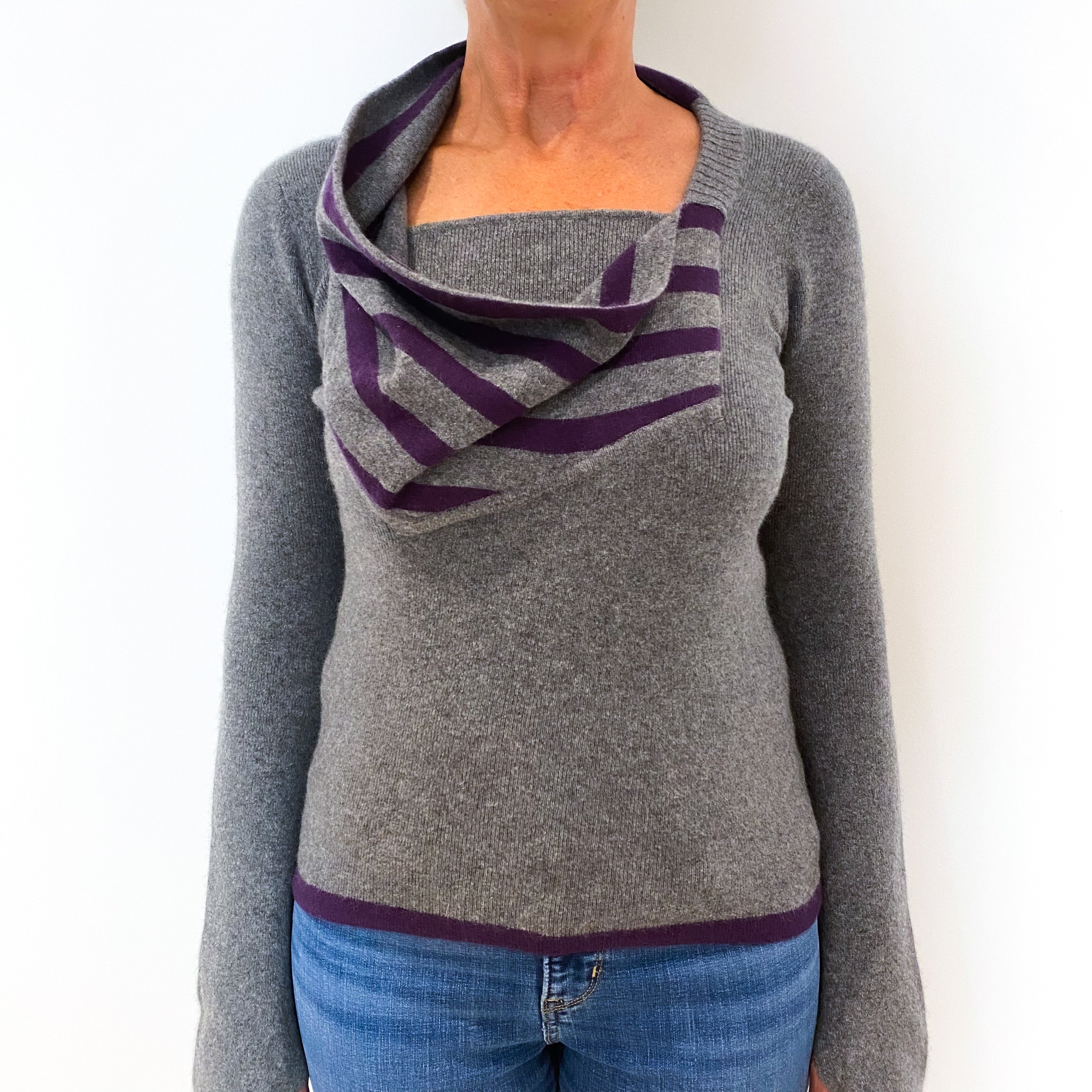 Slate Grey Cashmere Crew Neck Jumper with Purple Striped Cowl Collar Medium