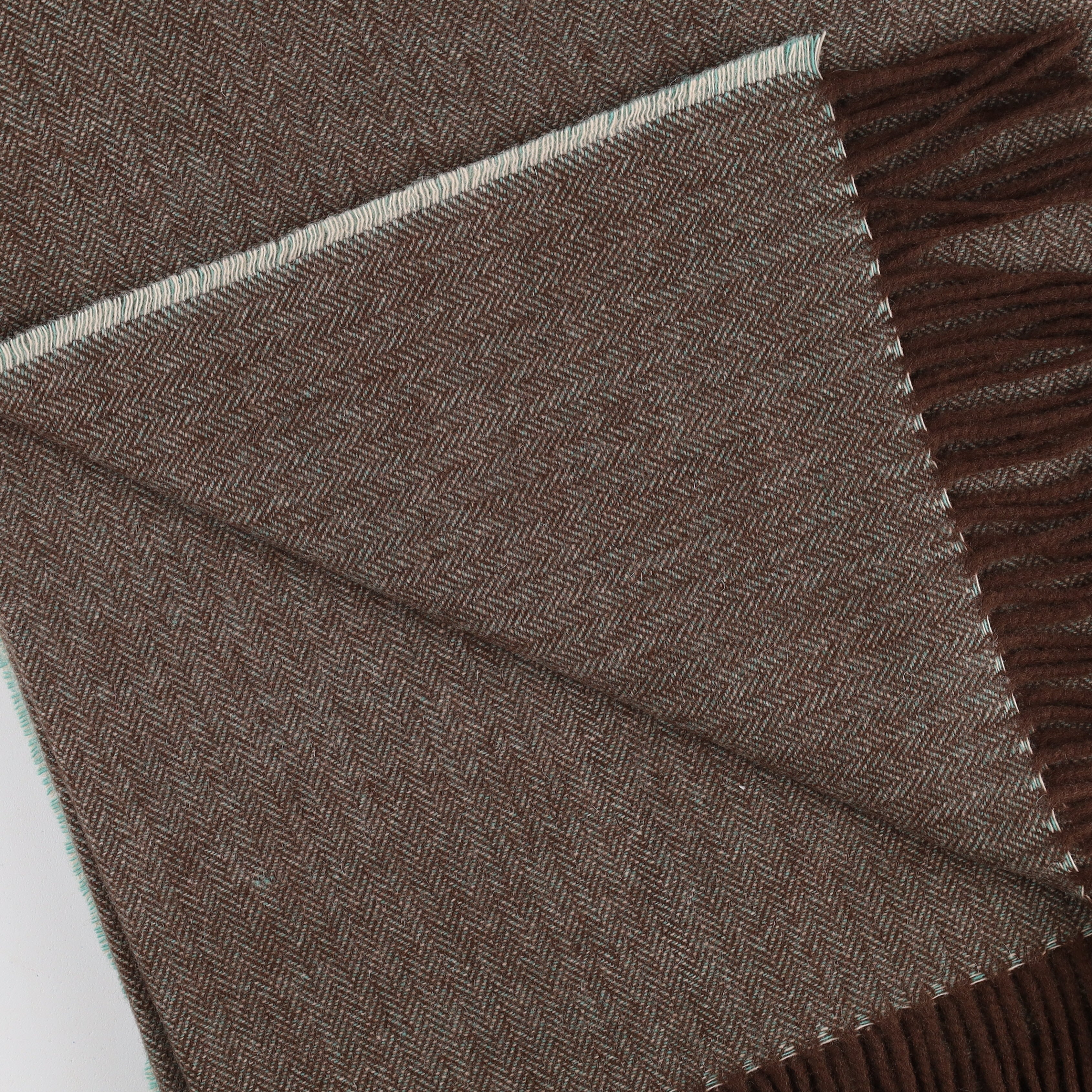 Brand New English Mint and Chocolate Brown Herringbone Luxury Woven Cashmere Blanket