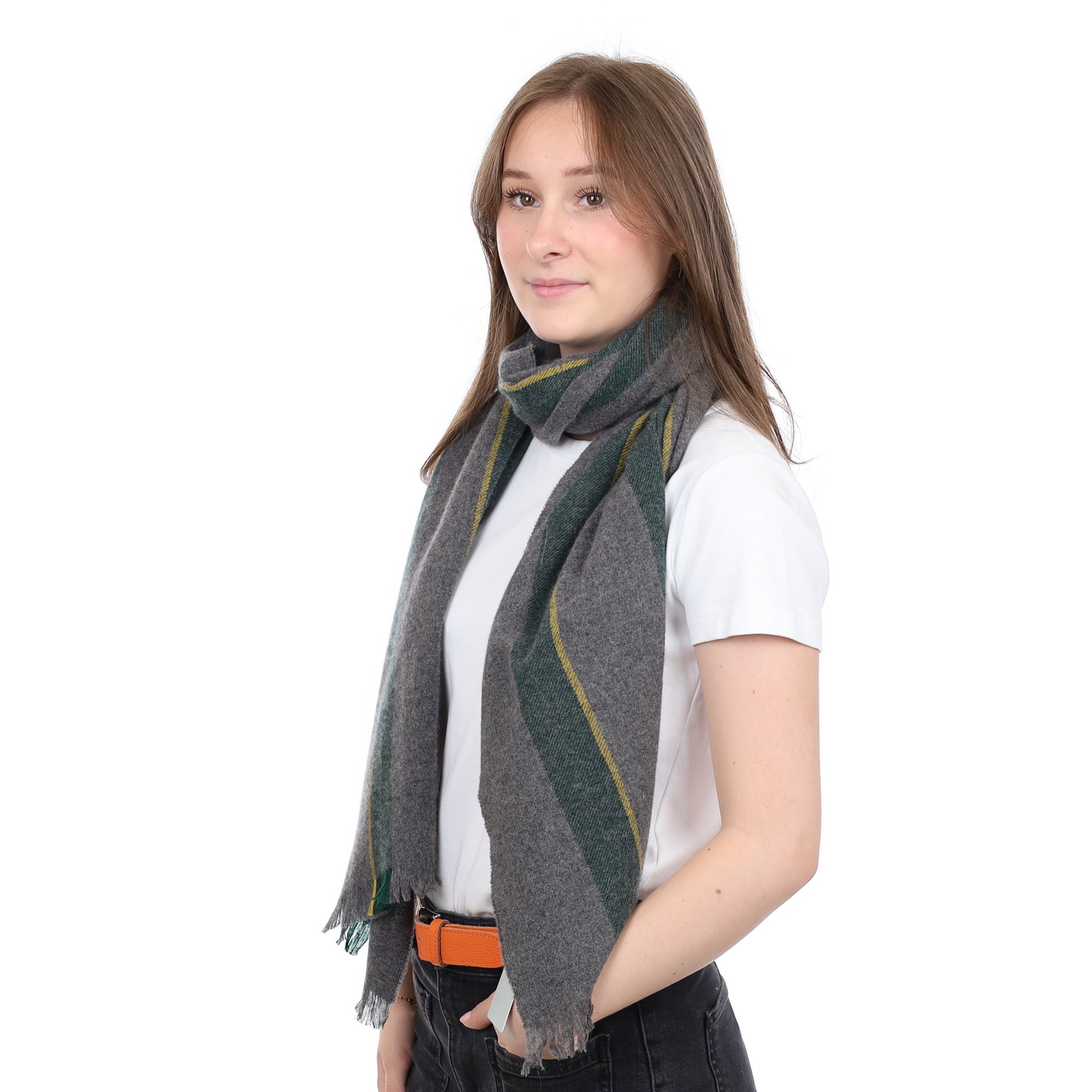 Brand New British Slate Grey & Yellow Stripe Luxury Woven Cashmere Mini Wrap
