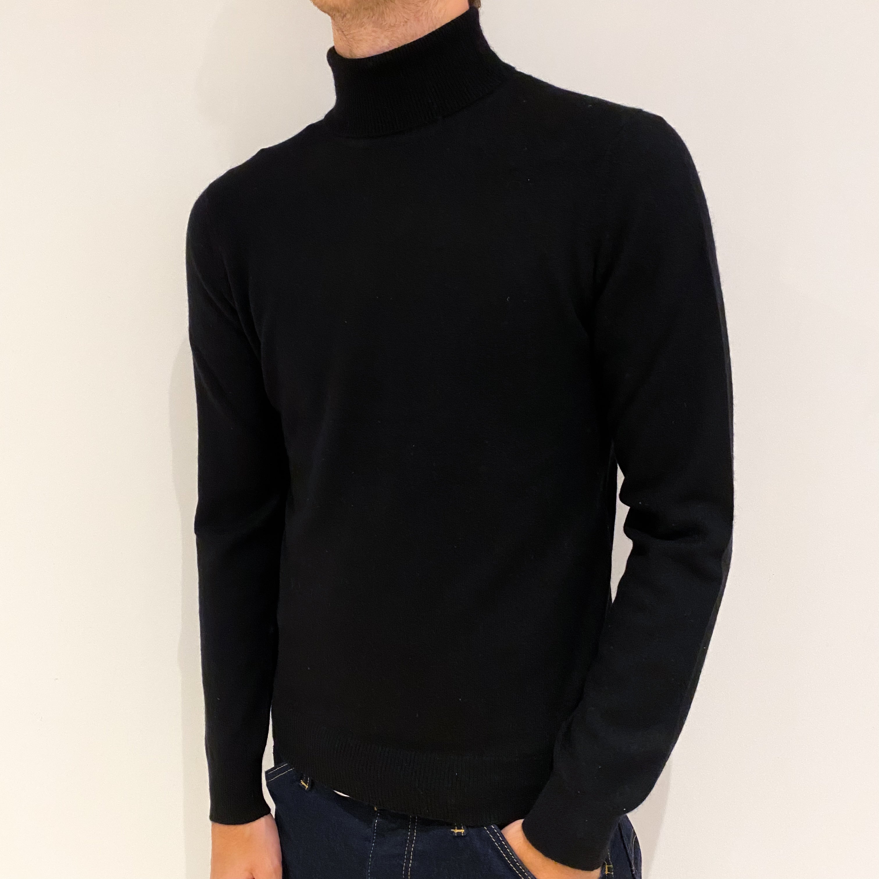 Men's Black Cashmere Polo Neck Jumper Medium