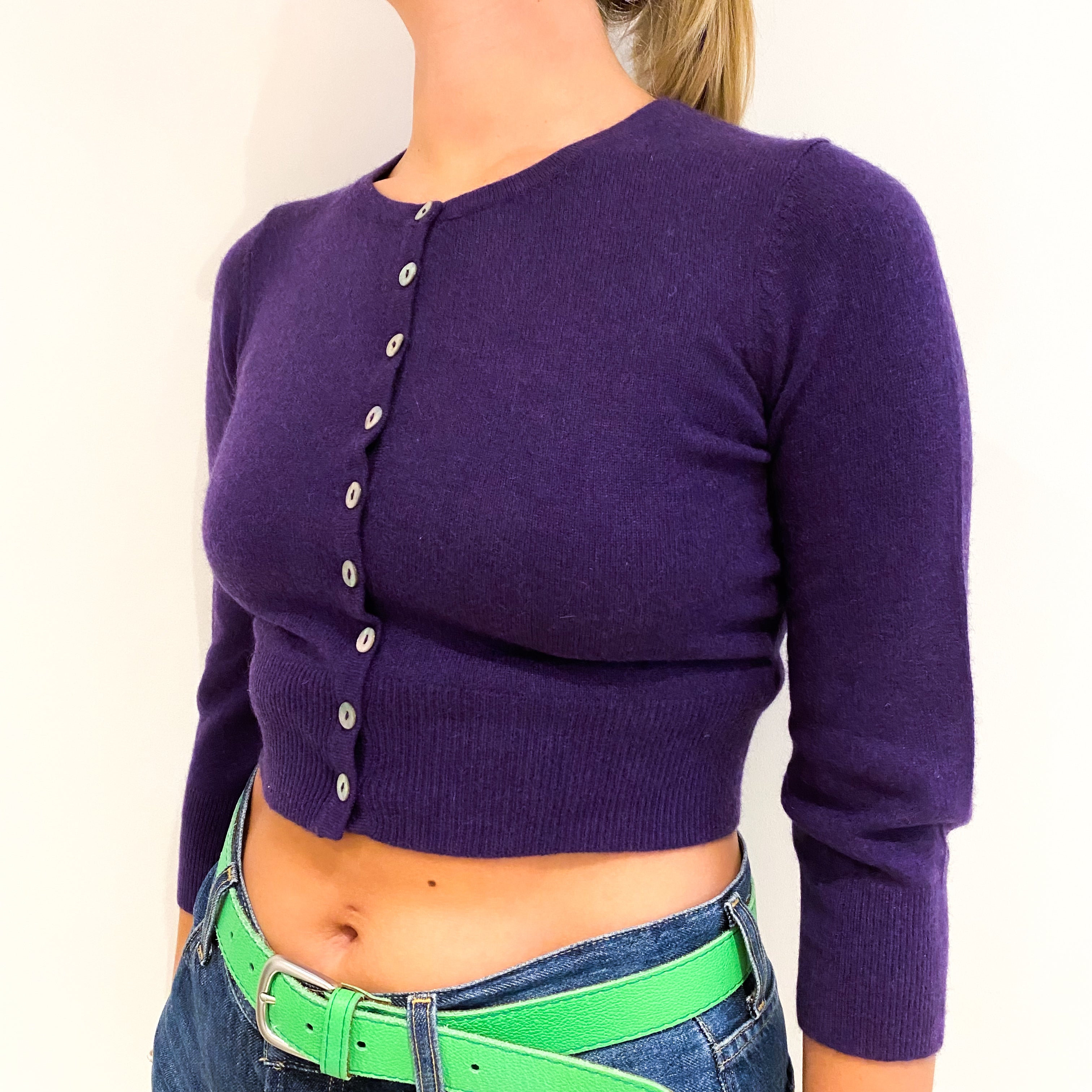 Pansy Purple Cropped Cashmere Crew Neck Cardigan Small