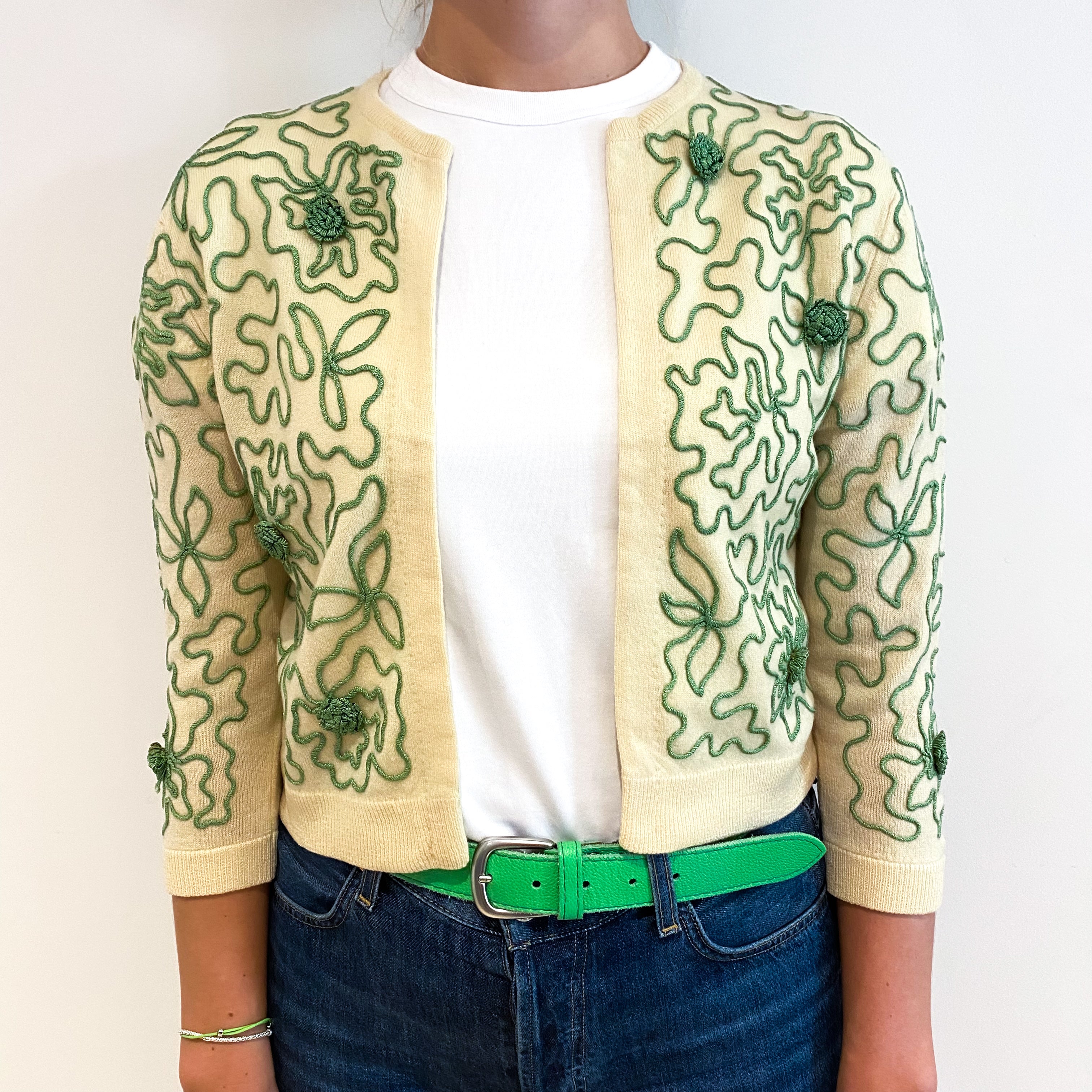 Vintage Pear Green Spiral Cashmere Edge to Edge Cardigan Small