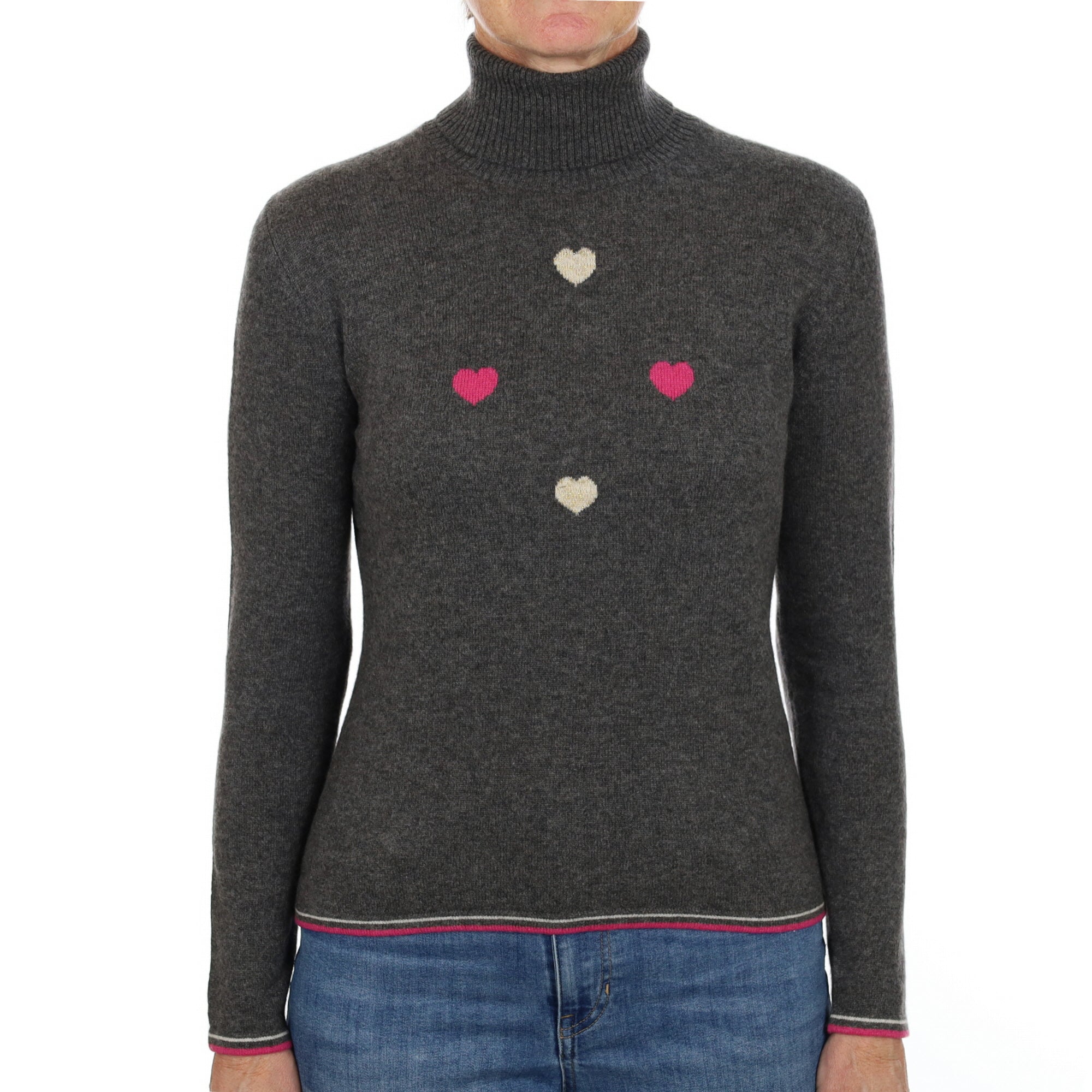 Ash Grey Hearts Cashmere Polo Neck Jumper Small