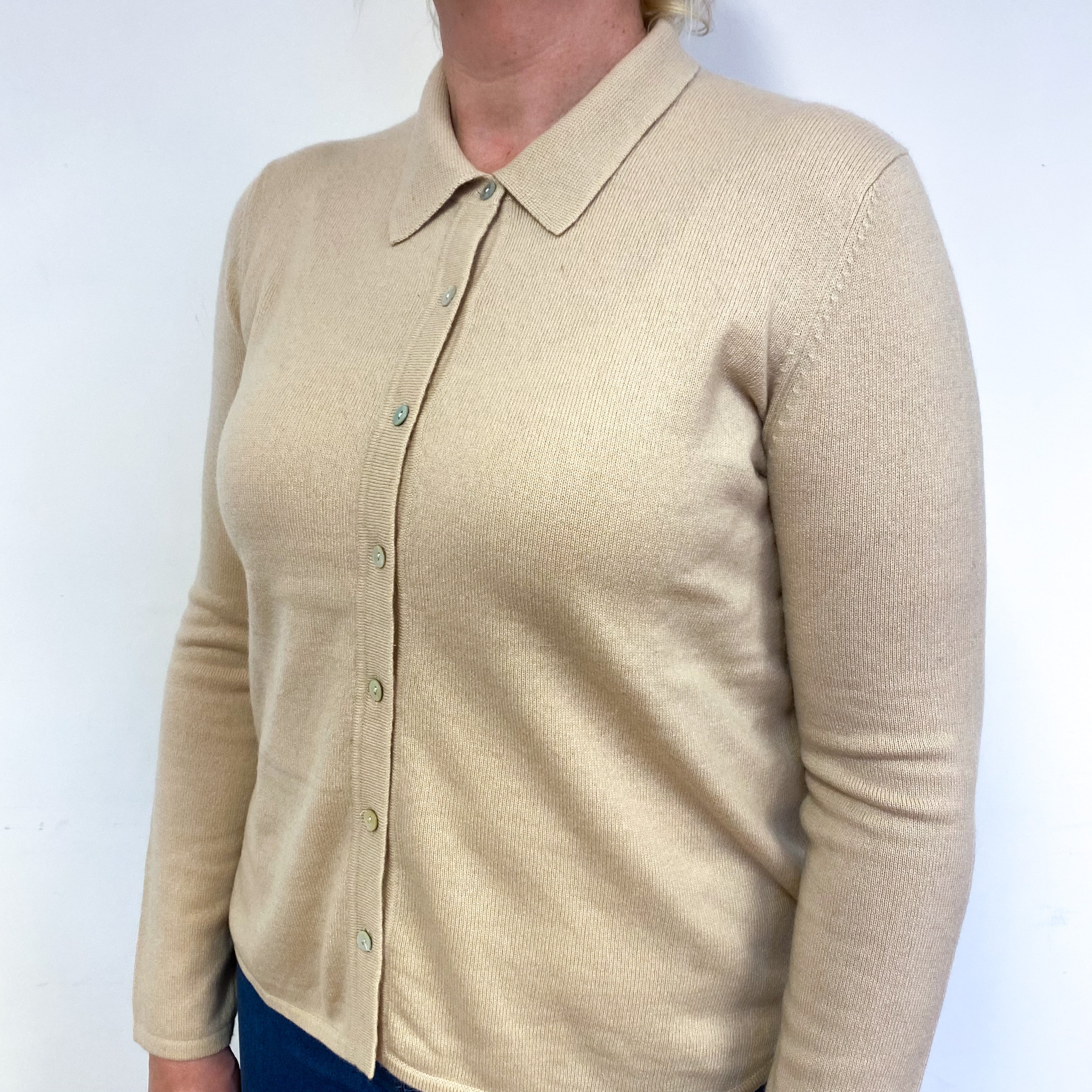 Beige Shirt Style Cashmere Collared Cardigan Large