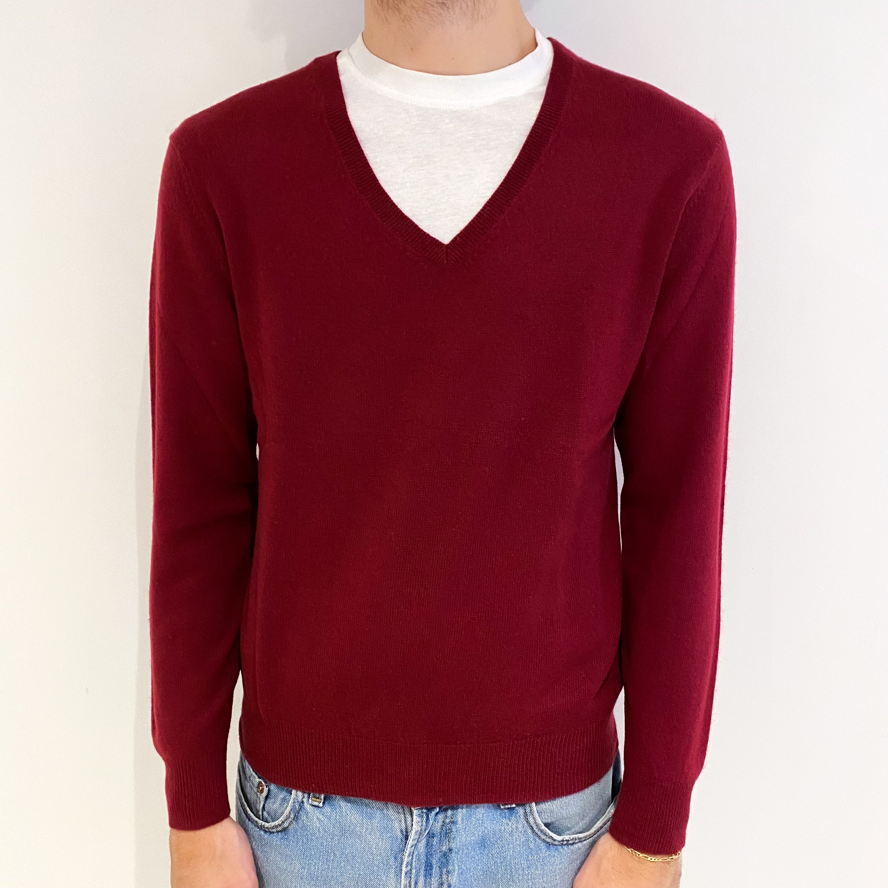 Men's Garnet Red Cashmere V Neck Jumper Medium