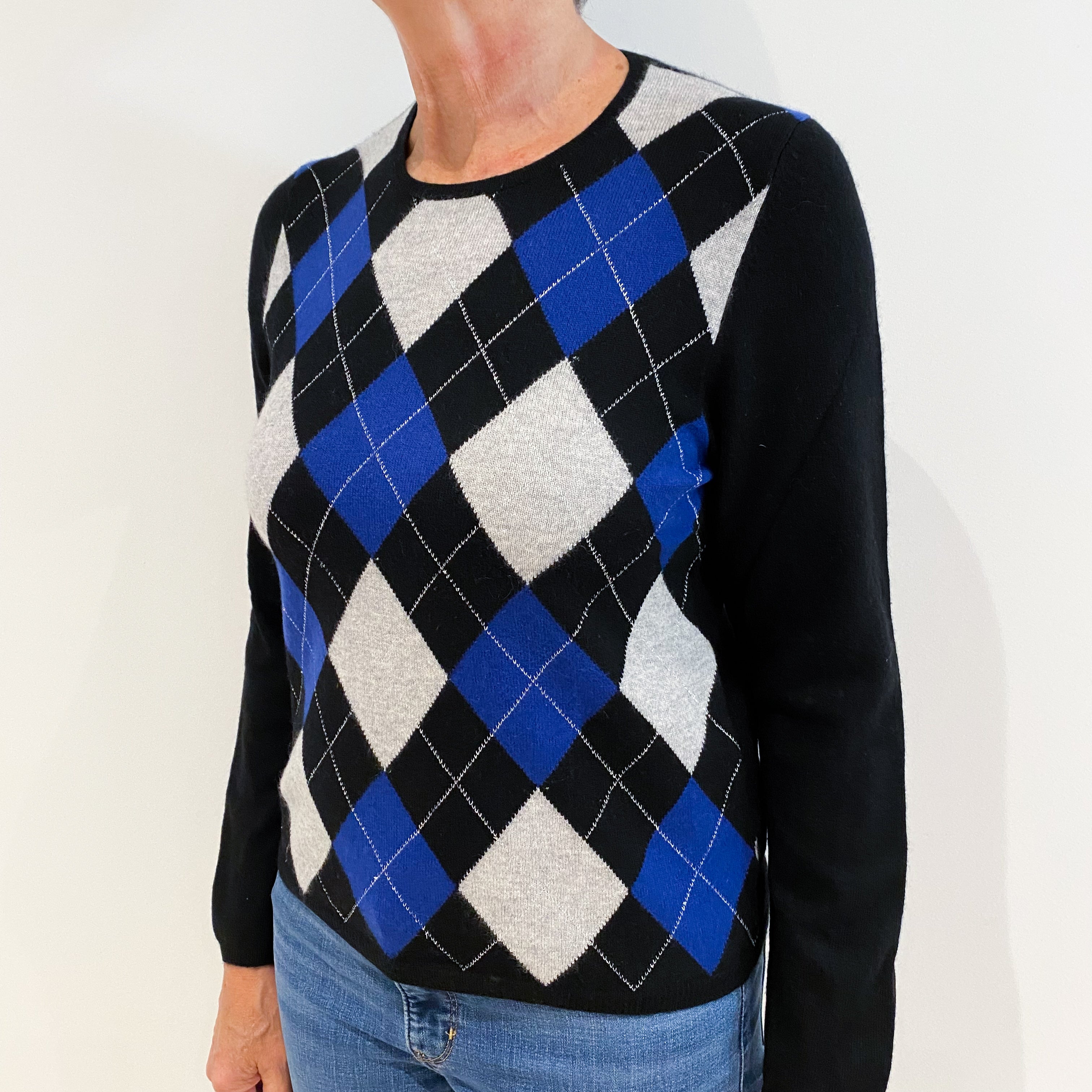 Black Grey Argyle Front Cashmere Crew Neck Jumper Medium