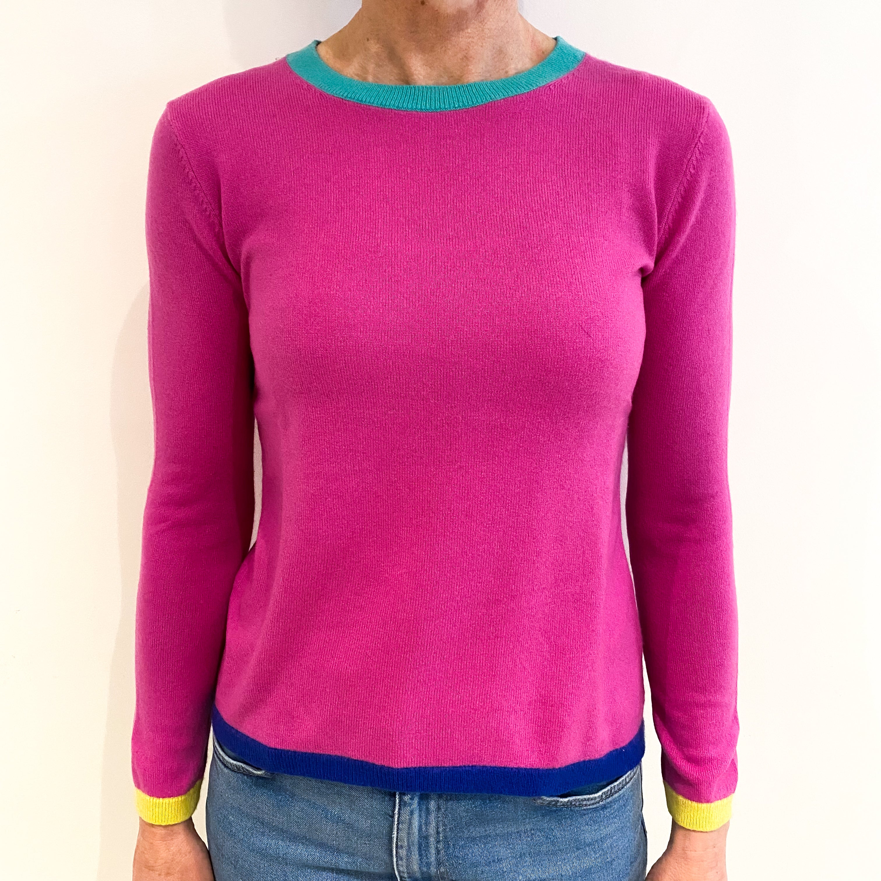 Hot Pink With Colourful Trim Cashmere Crew Neck Jumper Small