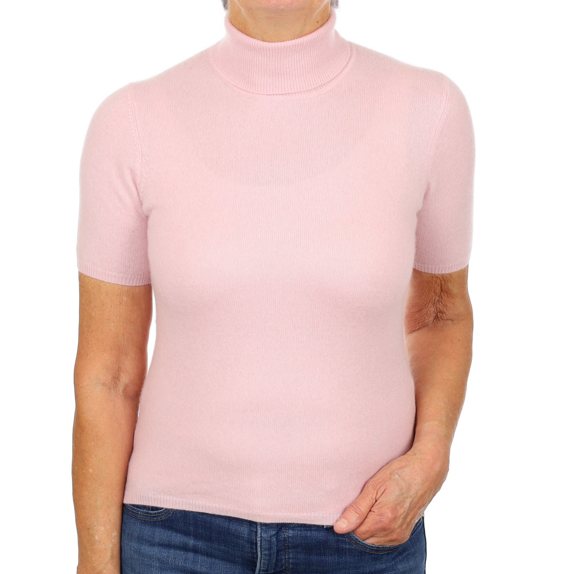 Shell Pink Cashmere Polo Neck Short Sleeved Jumper Medium