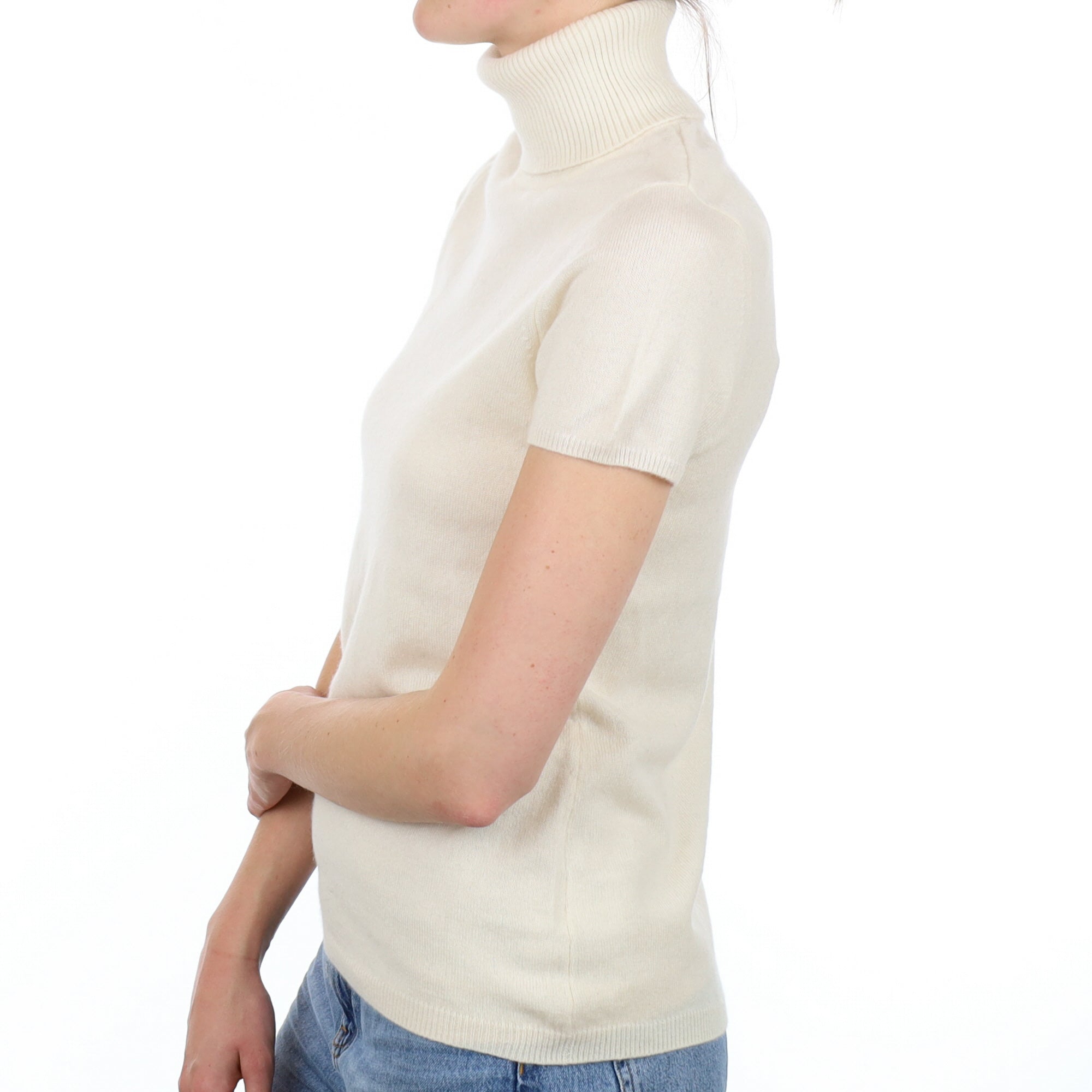 Vanilla Cream Cashmere Short Sleeve Polo Neck Jumper Small