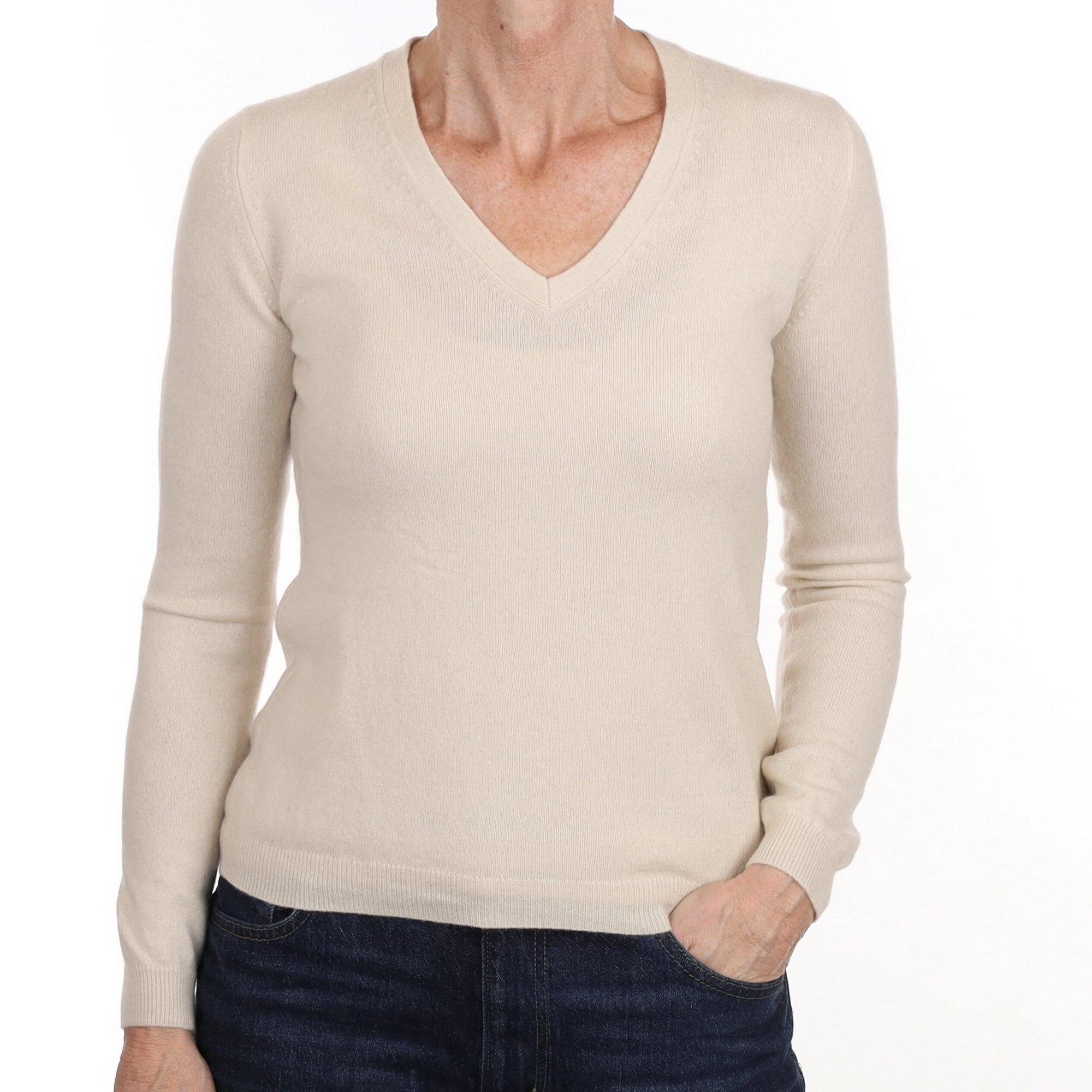 Ivory Cashmere V Neck Jumper Small