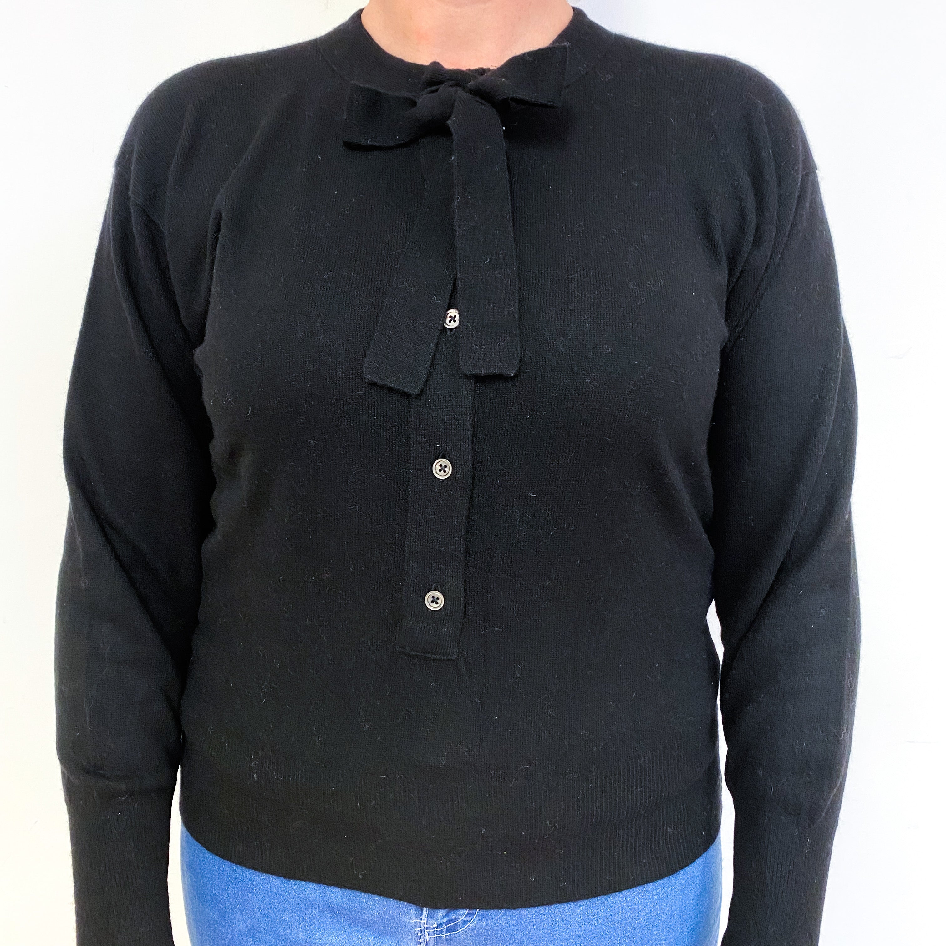 Black Neck Tie Cashmere Crew Neck Jumper Large
