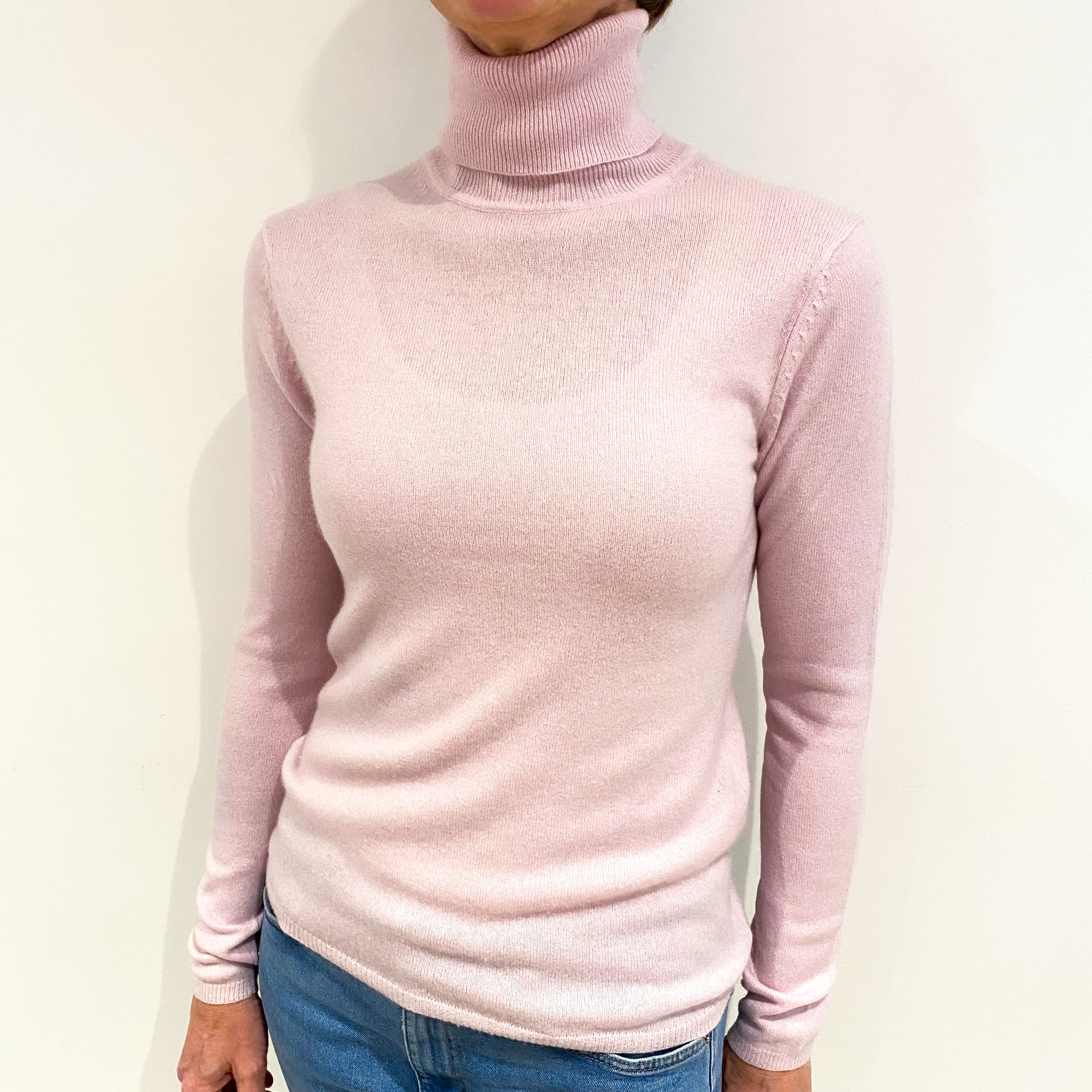 Pale Mauve Pink Cashmere Polo Neck Jumper Small