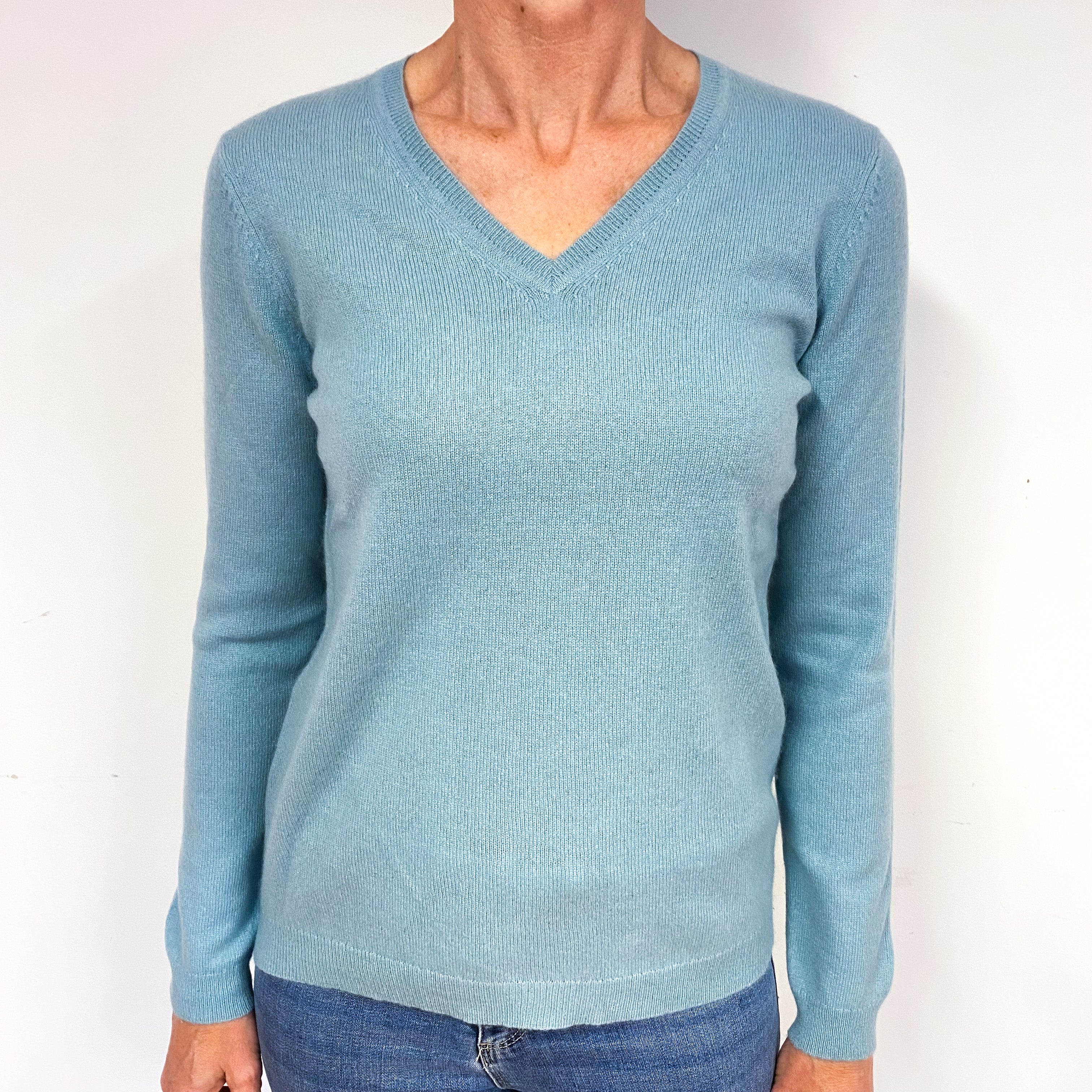 Duck Egg Blue Cashmere V-Neck Jumper Medium