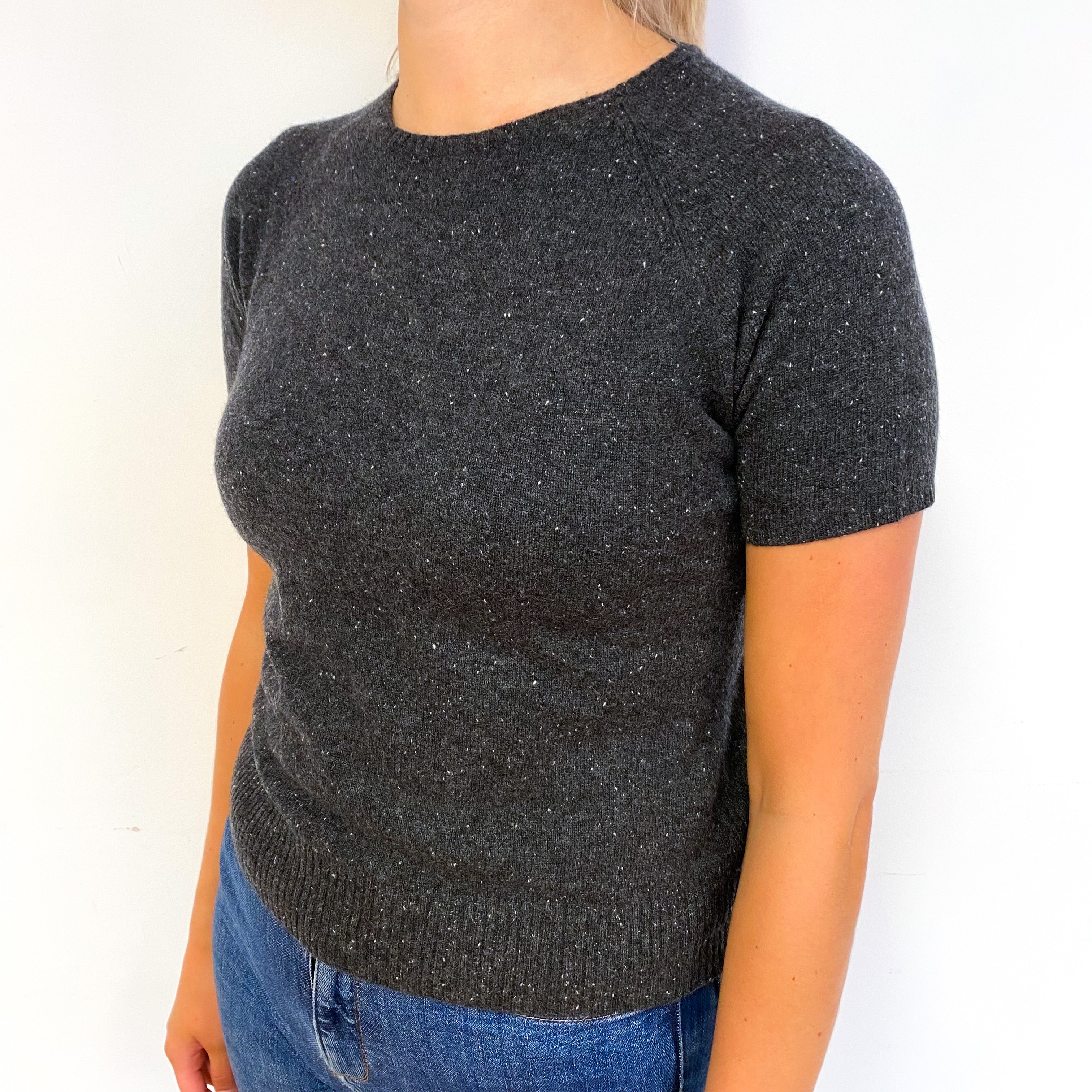 Slate Grey Flecked Cashmere Short Sleeve Jumper Small