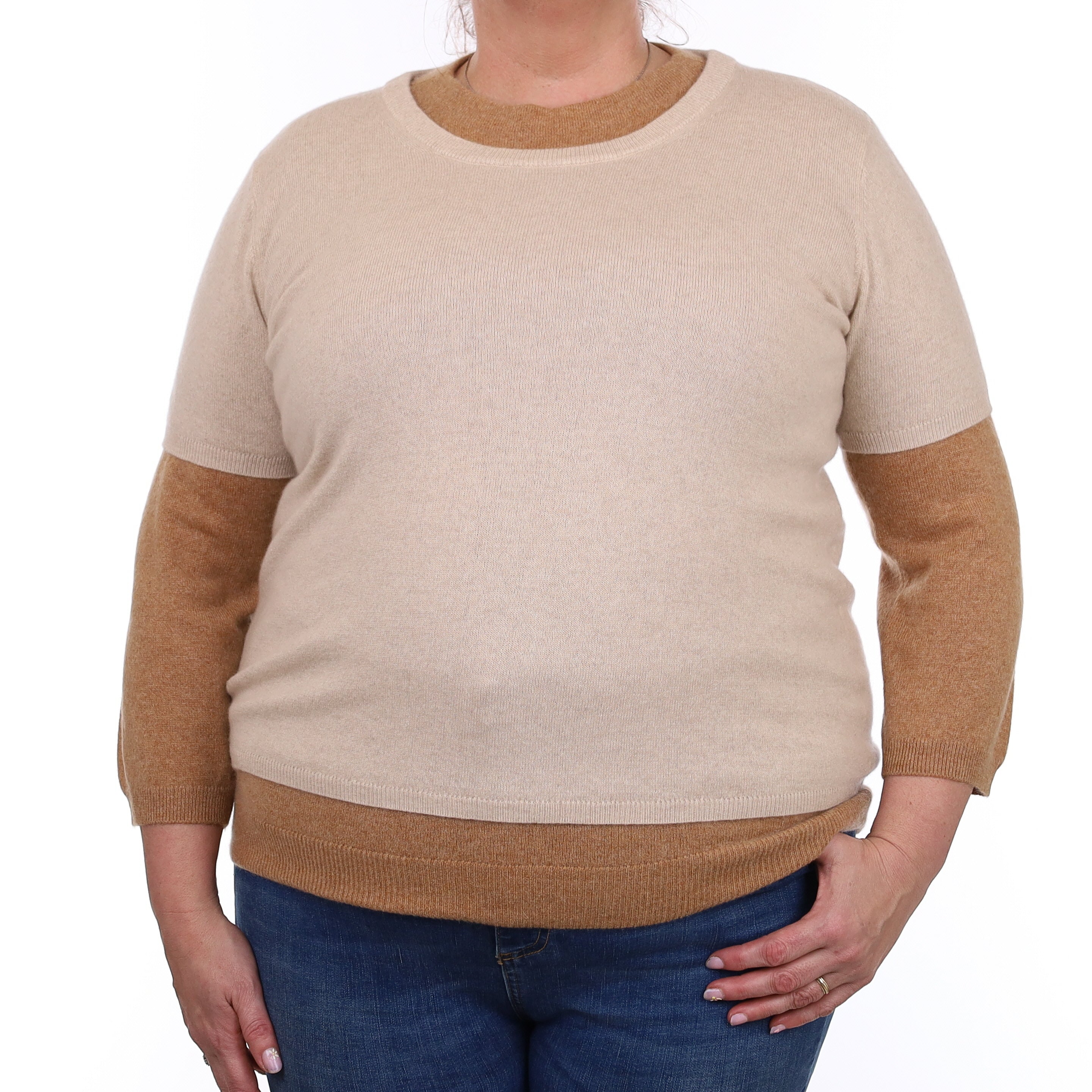 Brand New Sand Beige Cashmere Crew Neck T-Shirt Extra Large UK 20-22