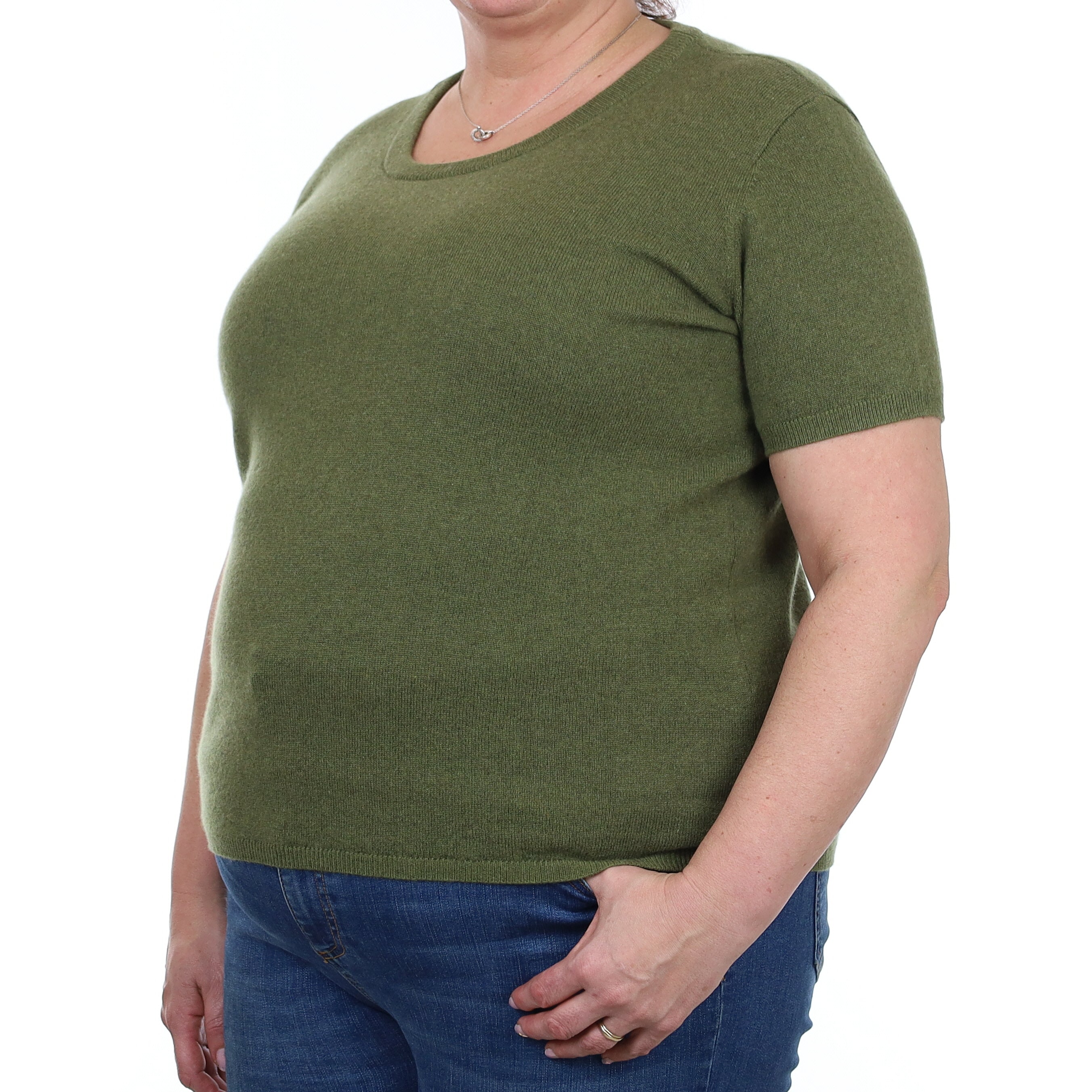 Brand New Olive Green Cashmere Crew Neck T-Shirt Extra Large UK 20-22