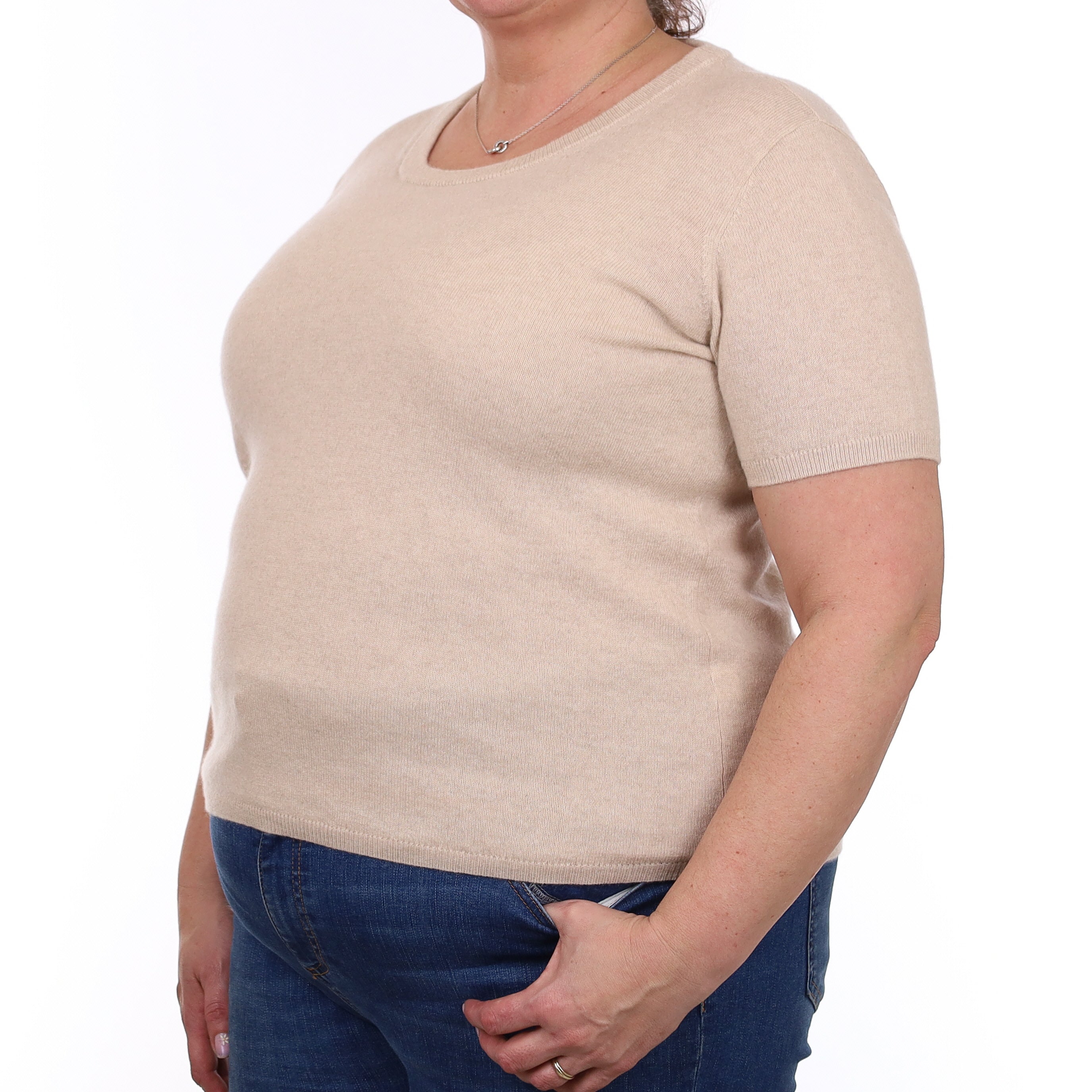 Brand New Sand Beige Cashmere Crew Neck T-Shirt Extra Large UK 20-22