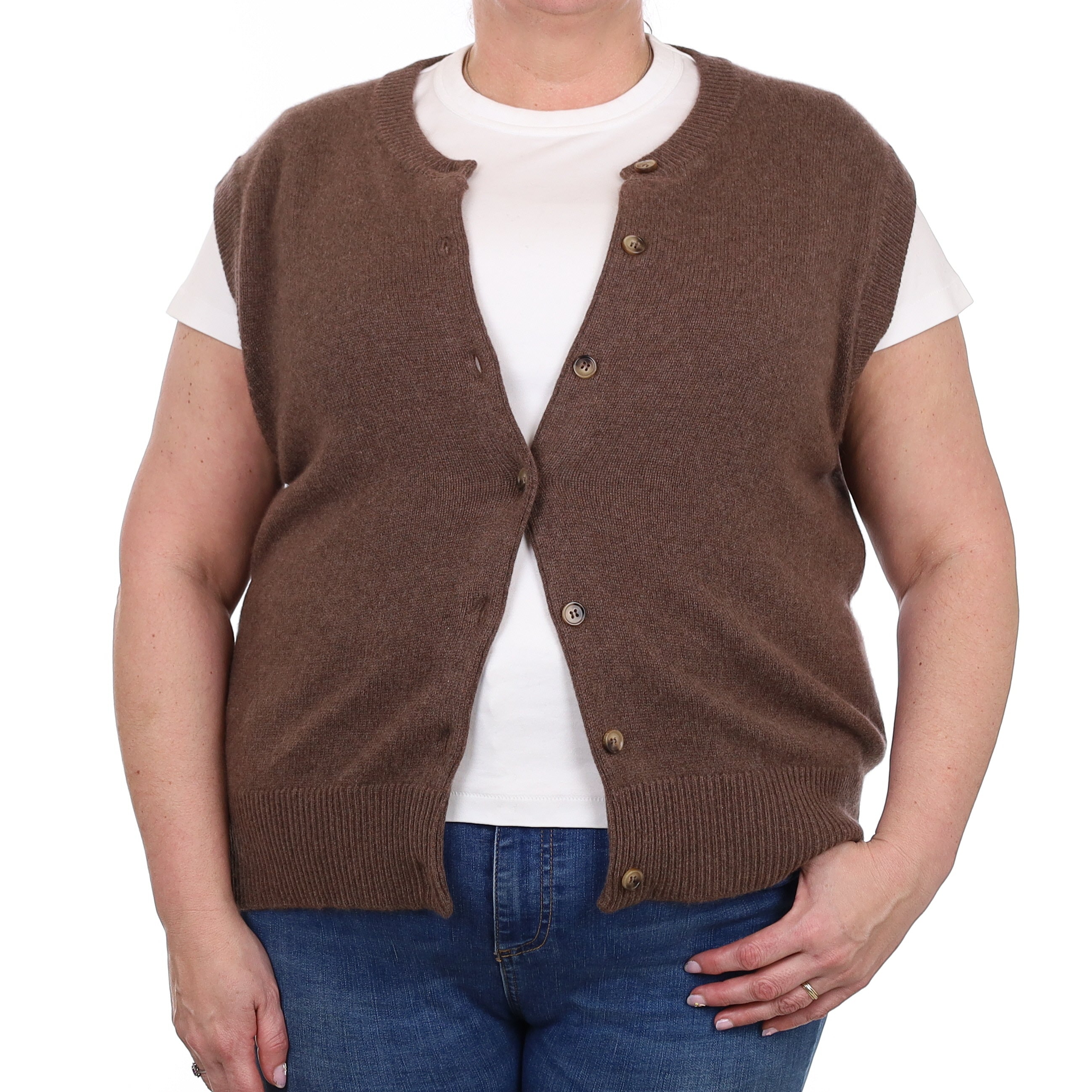 Brand New Mocha Luxury Cashmere Crew Neck Waistcoat Extra Large UK 20-22
