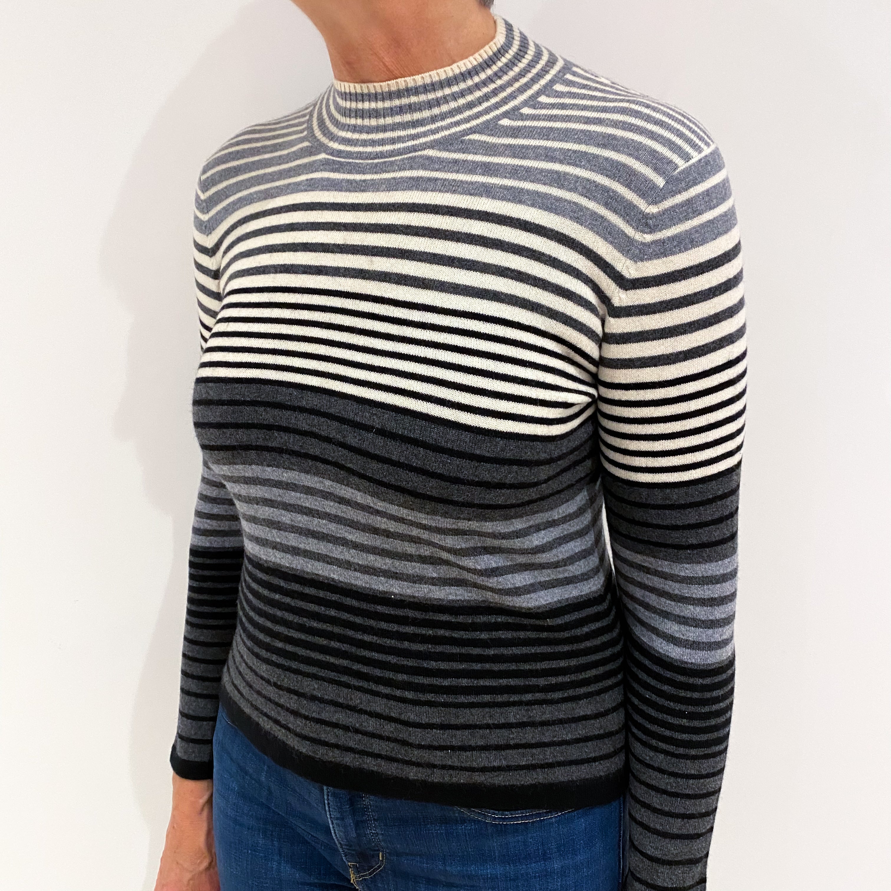 Grey Striped Cashmere Turtle Neck Jumper Medium