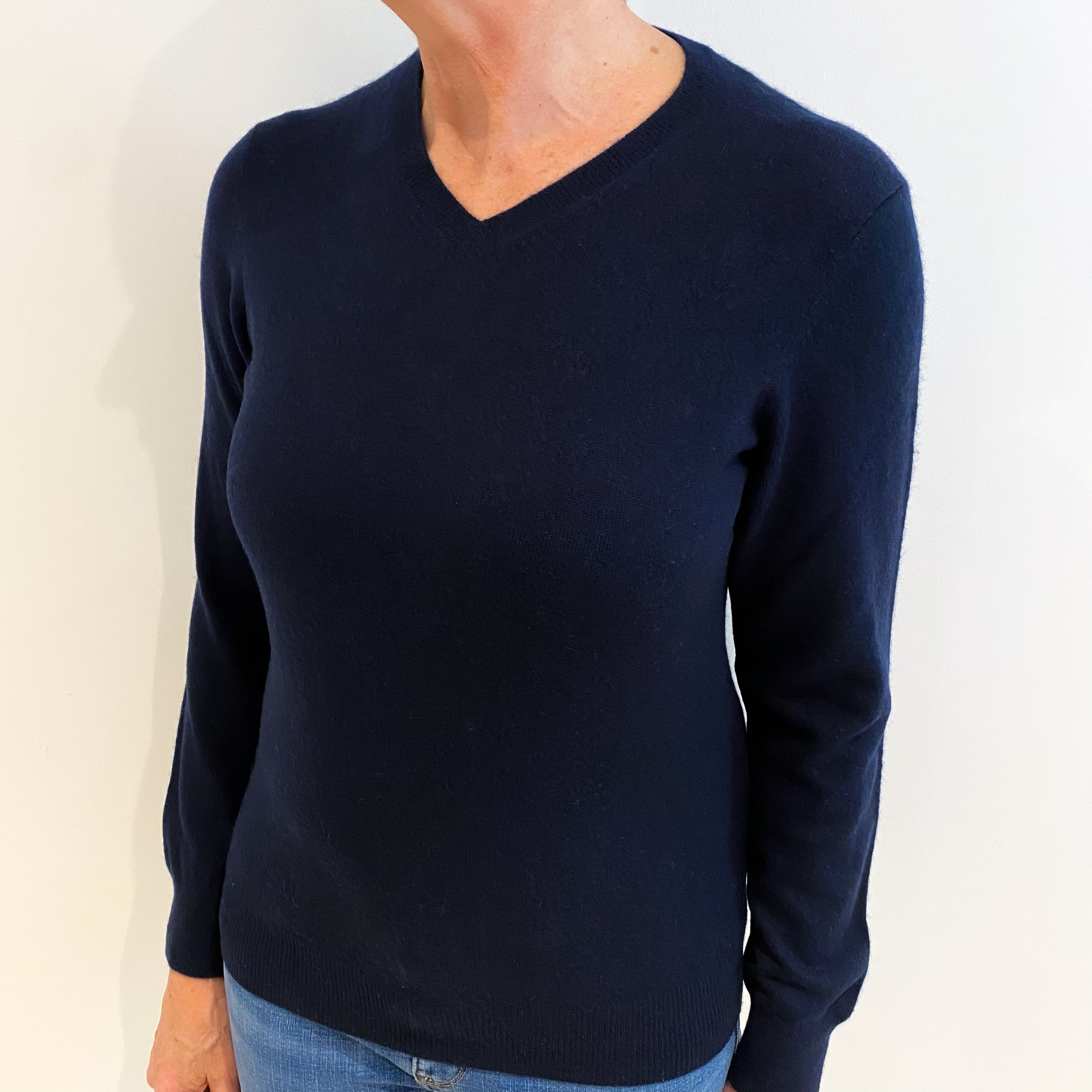 Navy Blue Cashmere V Neck Jumper Medium