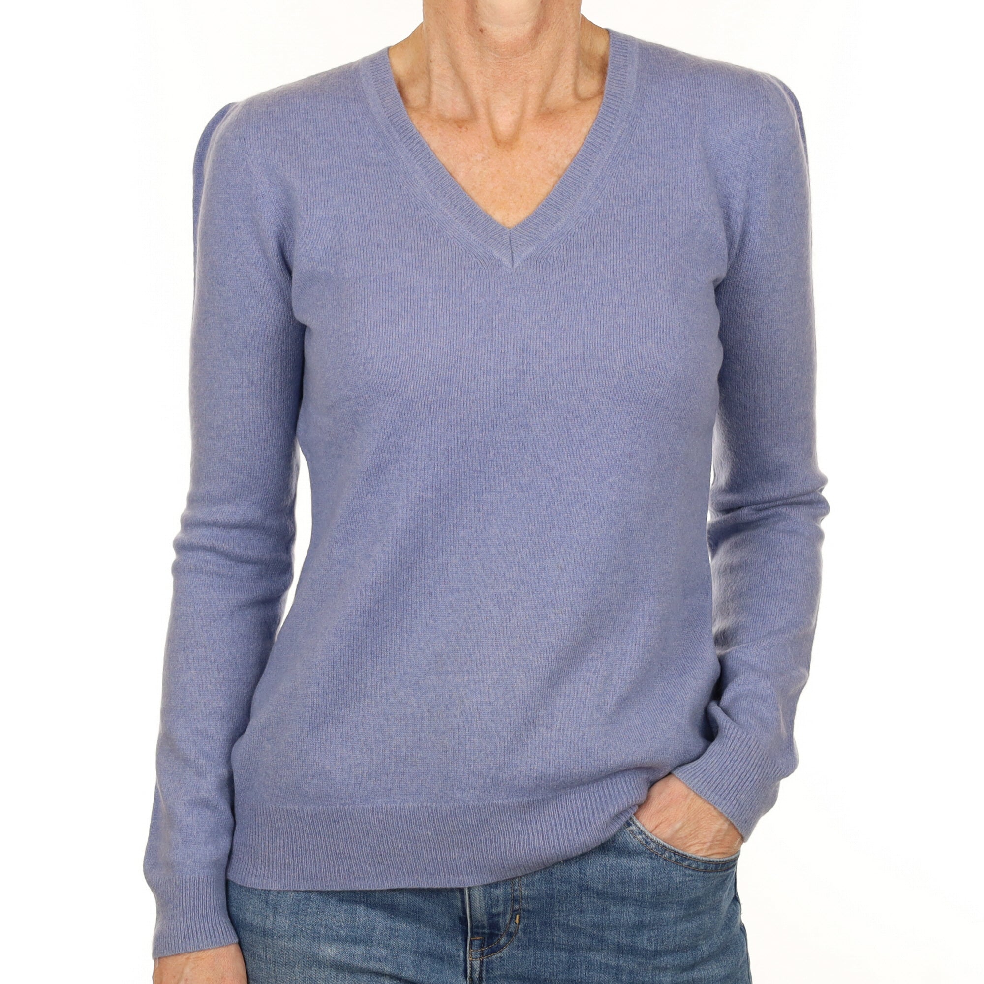 Denim Blue Cashmere Ruched Shoulder V Neck Jumper Small