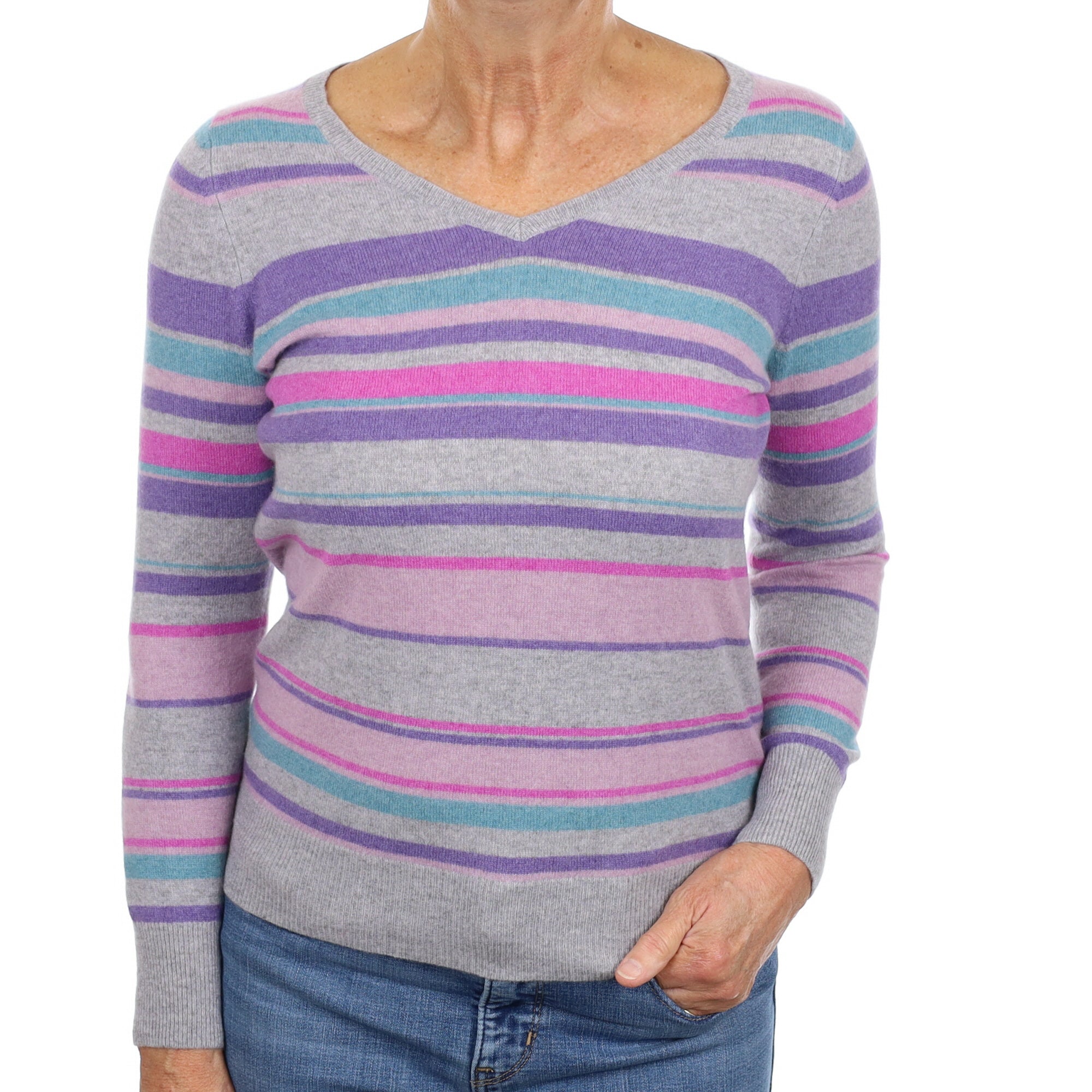 Grey and Purple Stripe Cashmere V Neck Jumper Medium