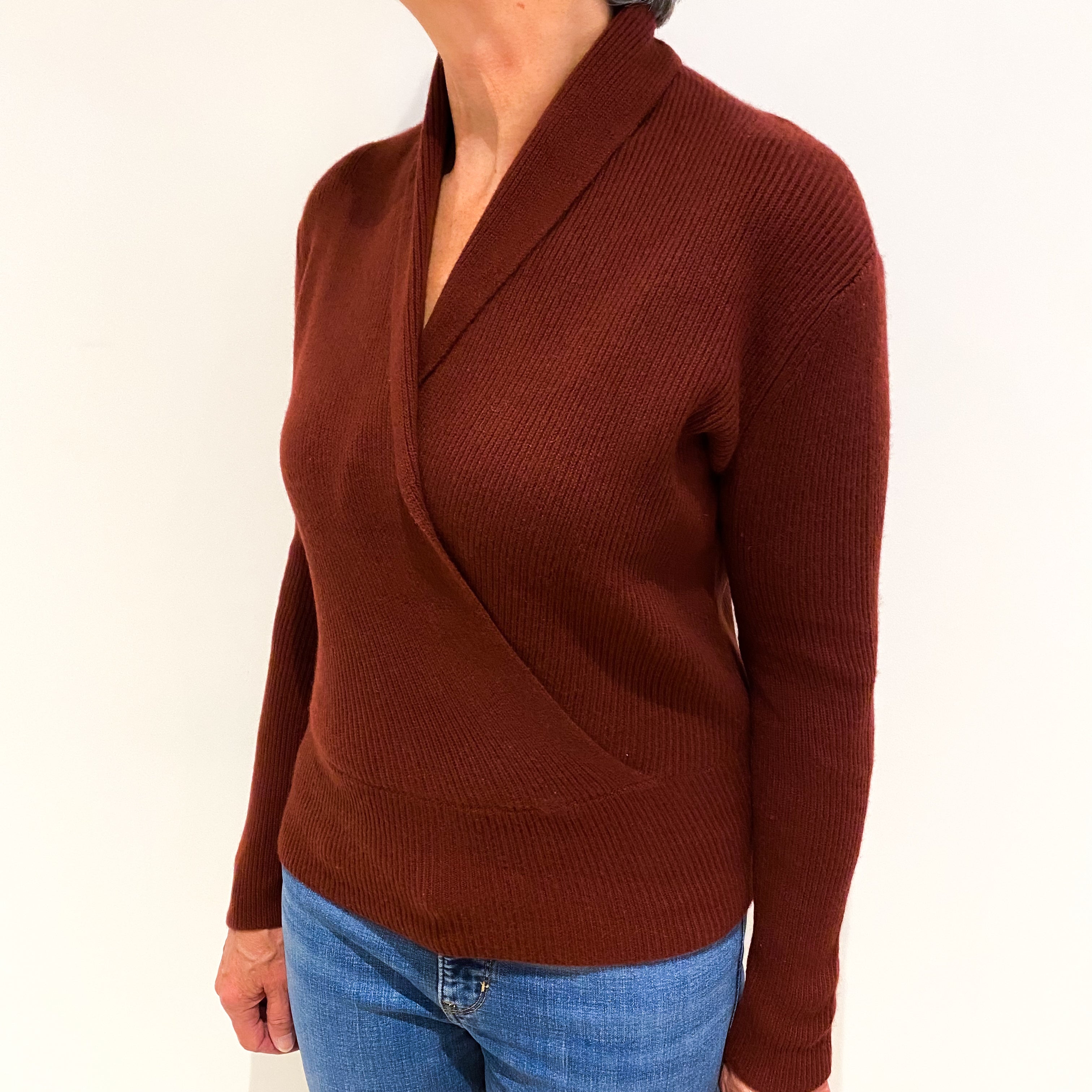 Burgundy Red Cashmere Collared V Neck Jumper Medium