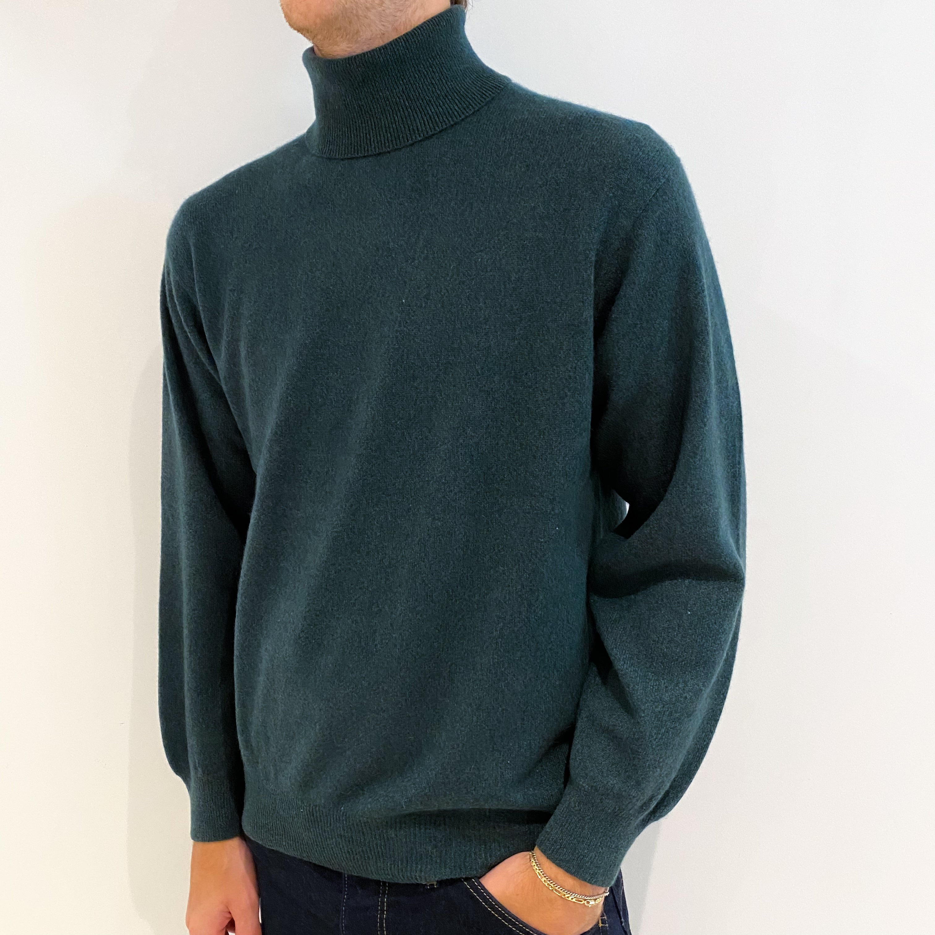 Men's Spruce Green Cashmere Polo Neck Jumper Medium