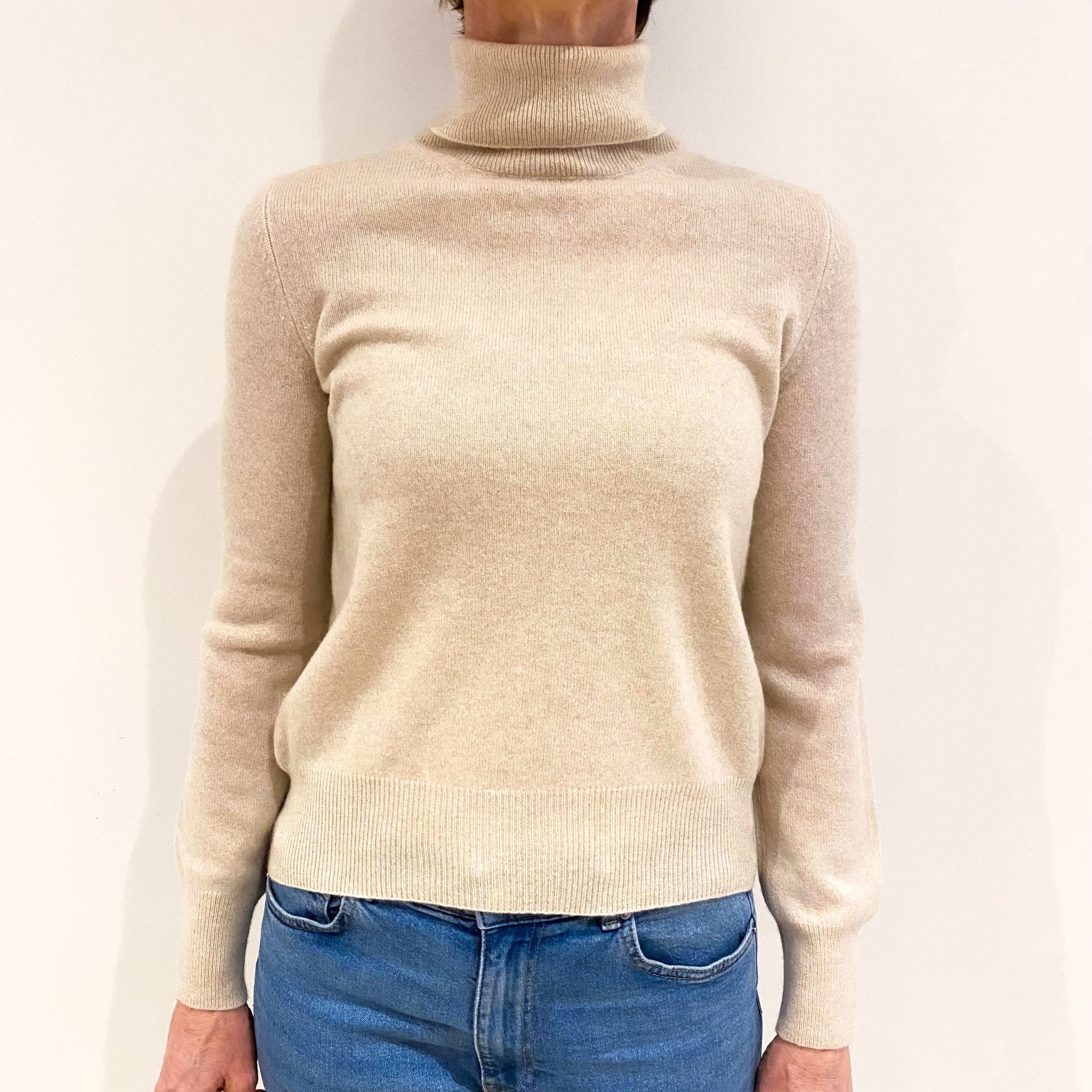 Soft Beige Cashmere Polo Neck Jumper Small