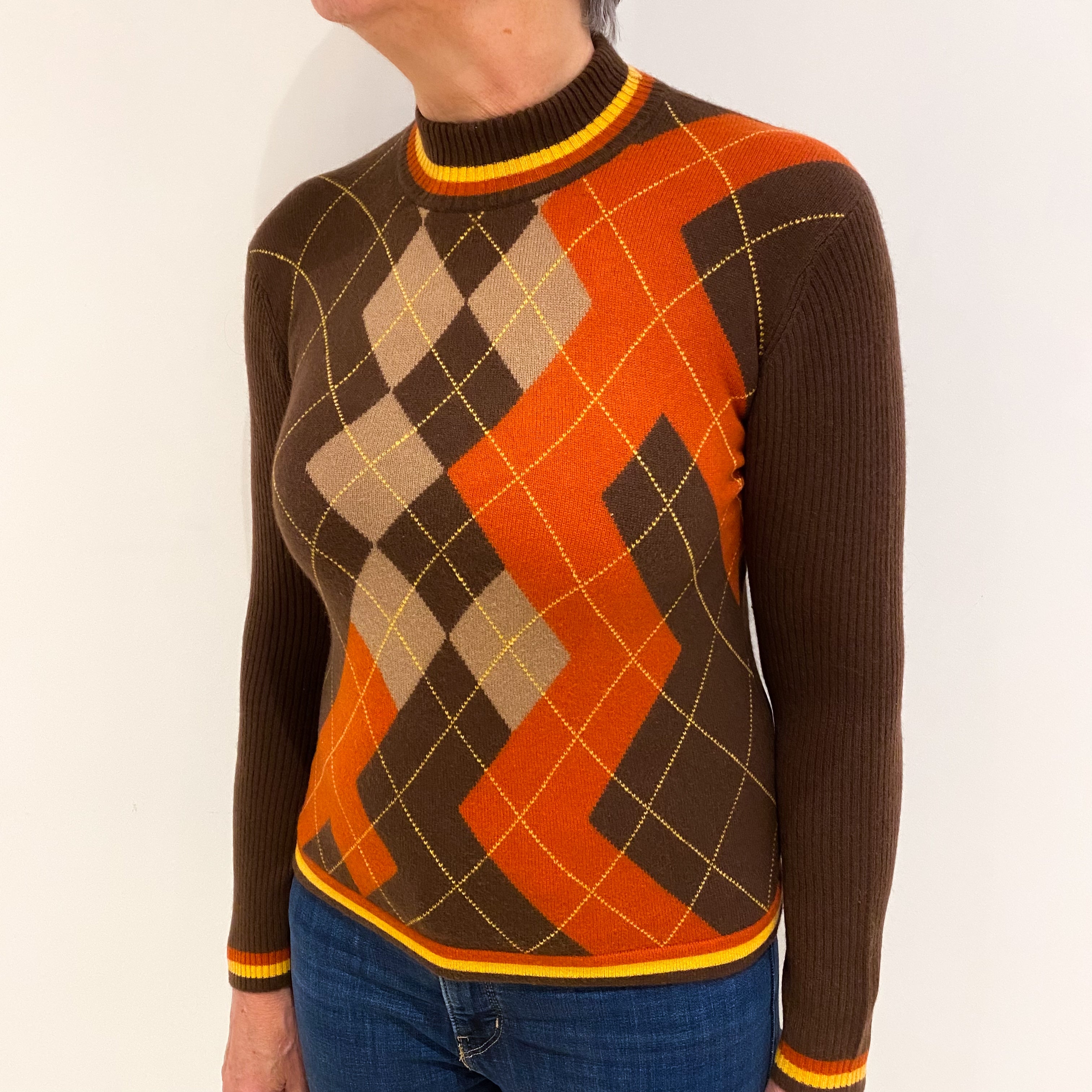 Trussardi Italian Umber Brown And Orange Argyle Cashmere Turtle Neck Jumper Medium