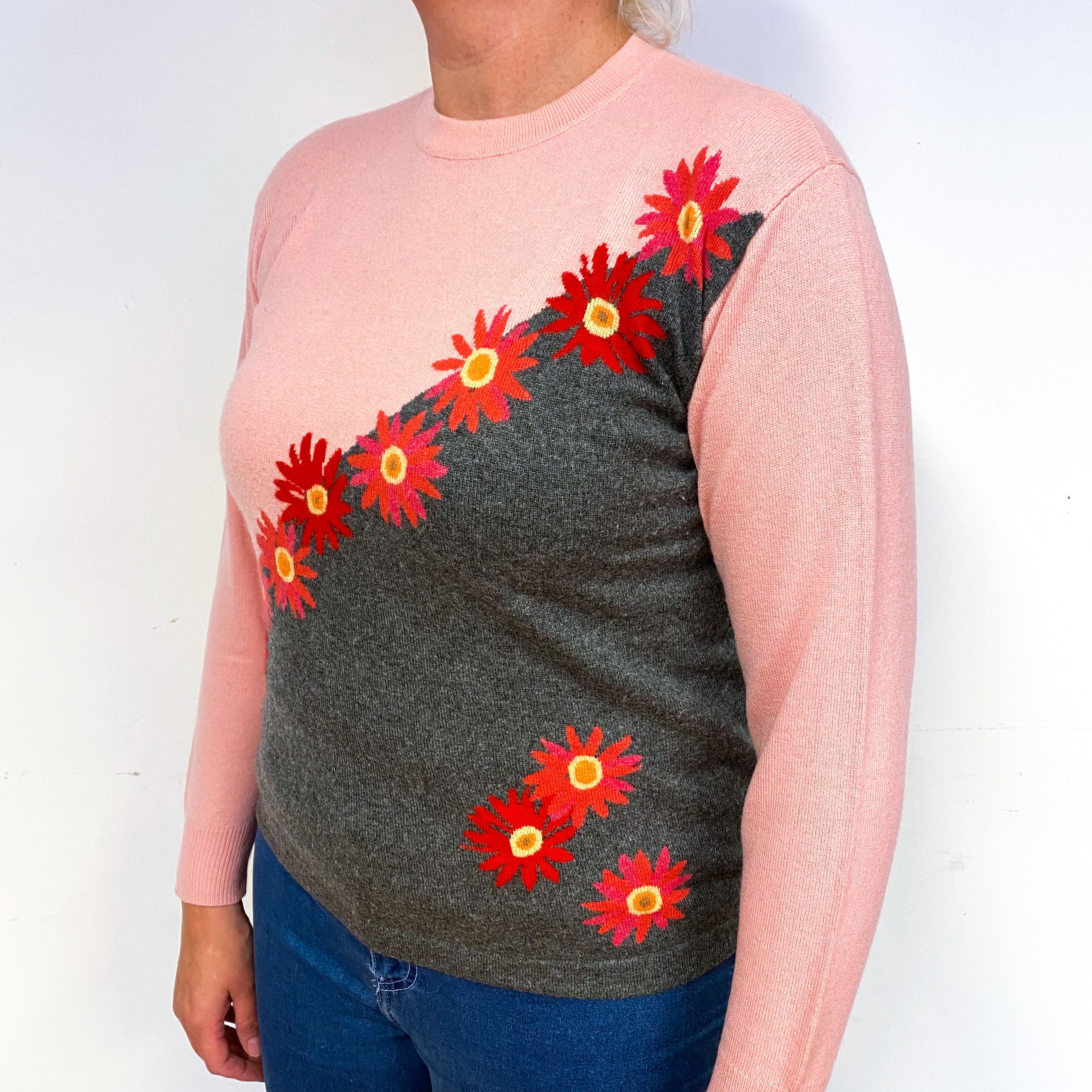 Vintage Pink Floral Cashmere Crew Neck Jumper Large