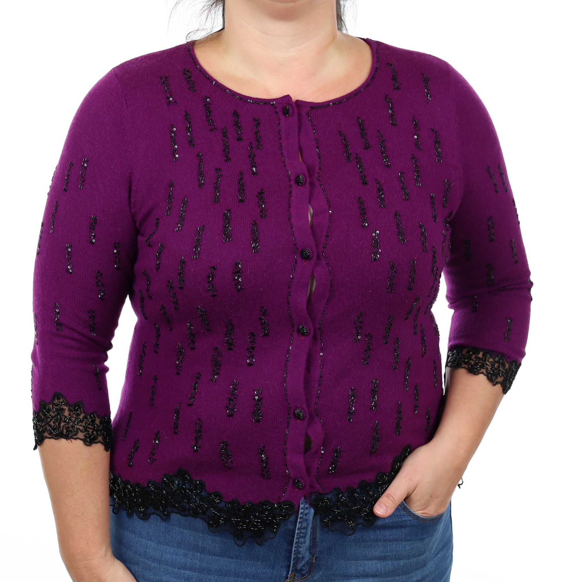 Deep Viola Embellished Cashmere Crew Neck Cardigan Large