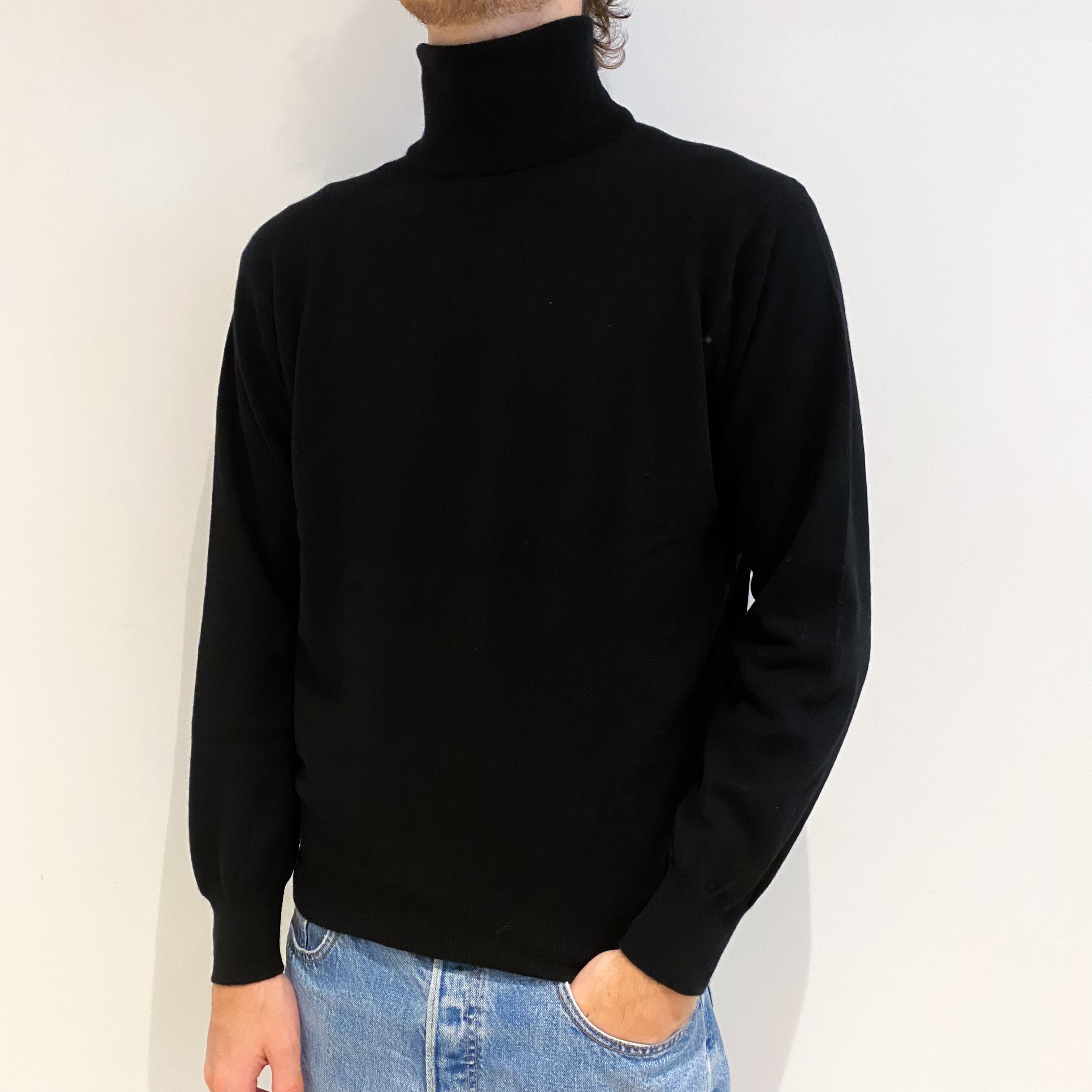 Men's Black Cashmere Polo Neck Jumper Large