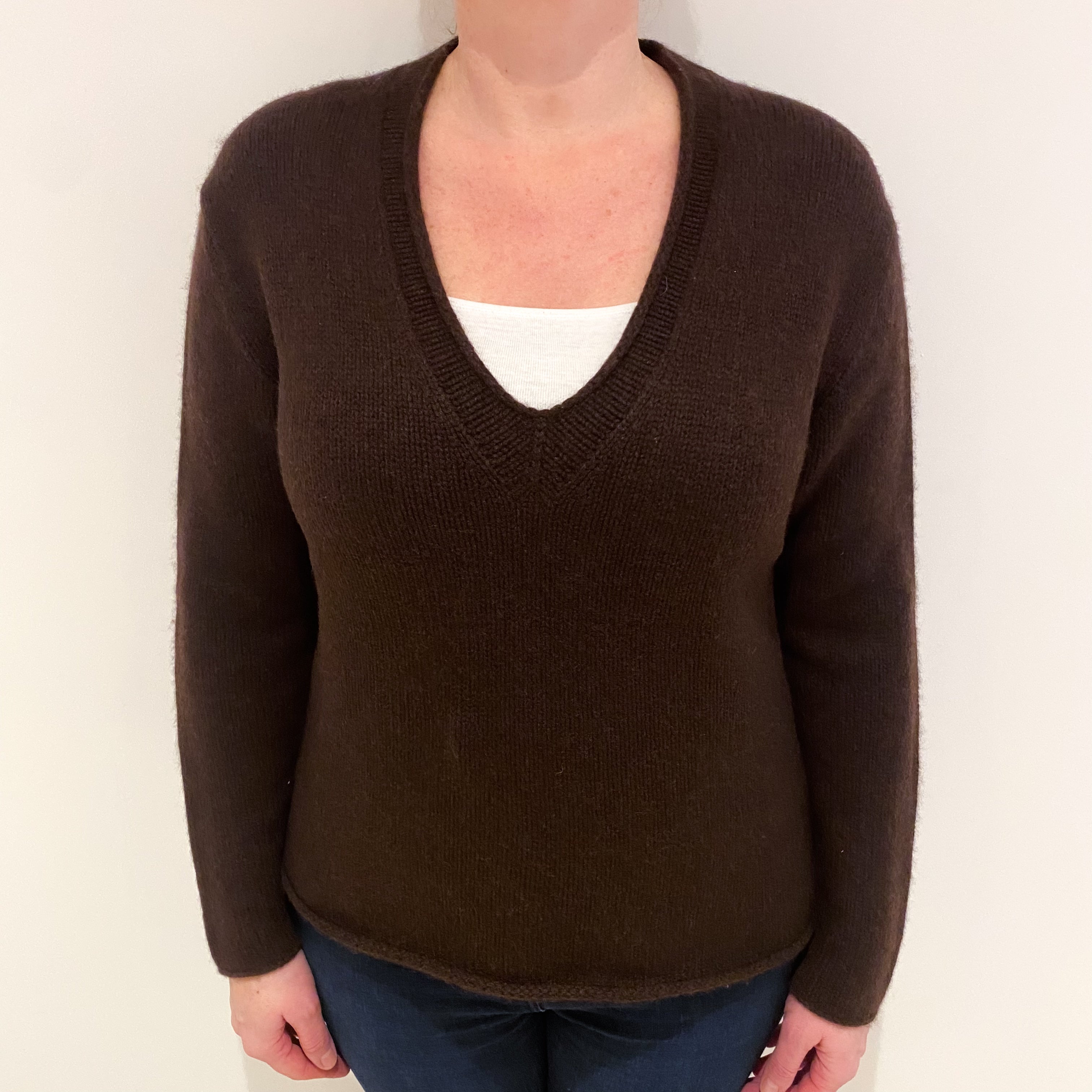 Repeat Peppercorn Brown Cashmere V Neck Jumper Large
