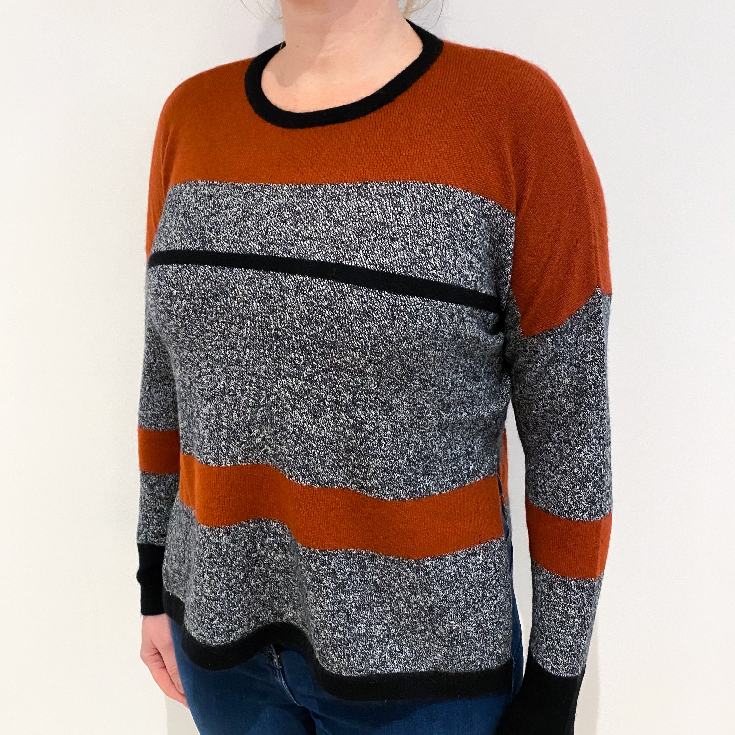 Black Marl and Rust Cashmere Crew Neck Jumper Large