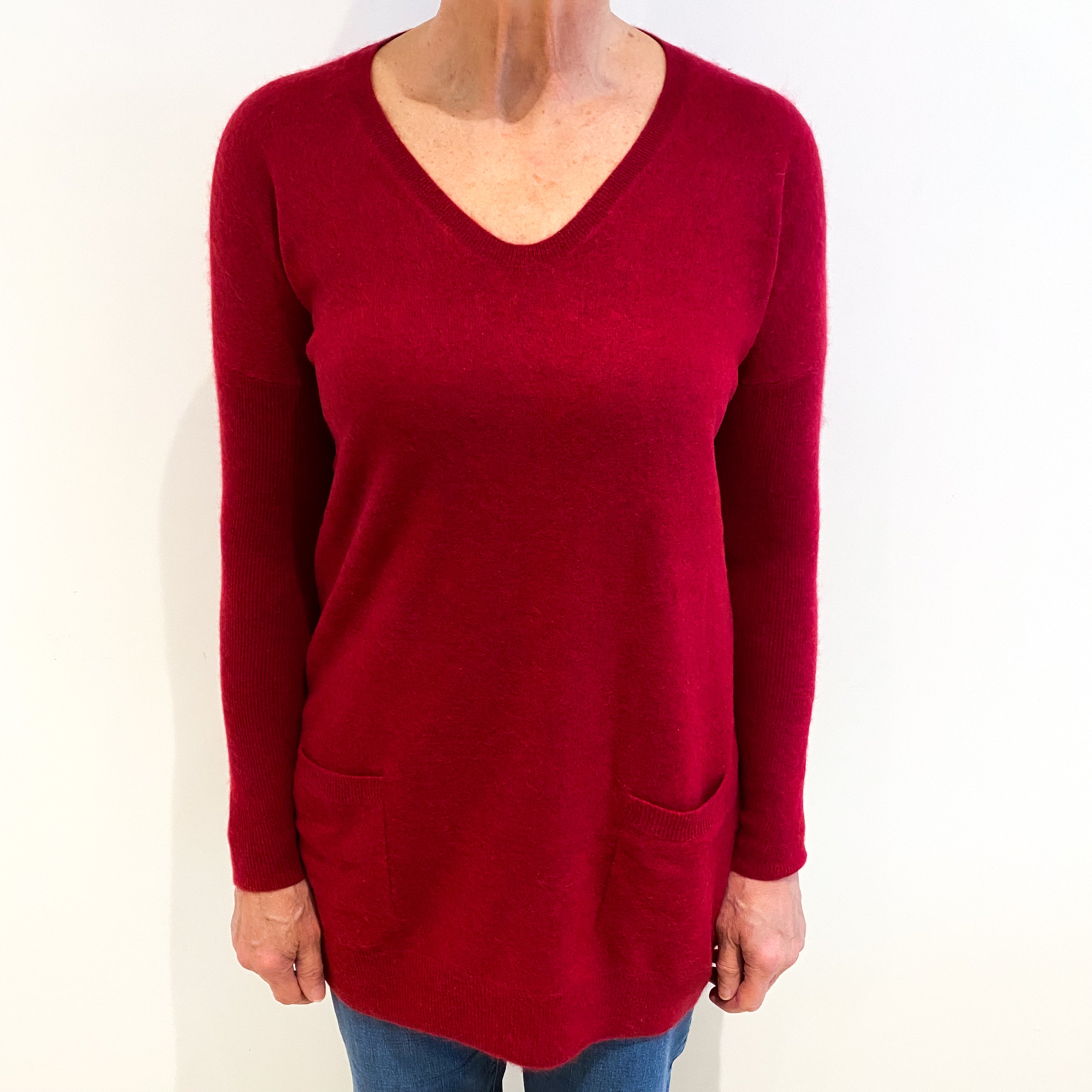 Raspberry Red Cashmere V Neck Jumper Medium