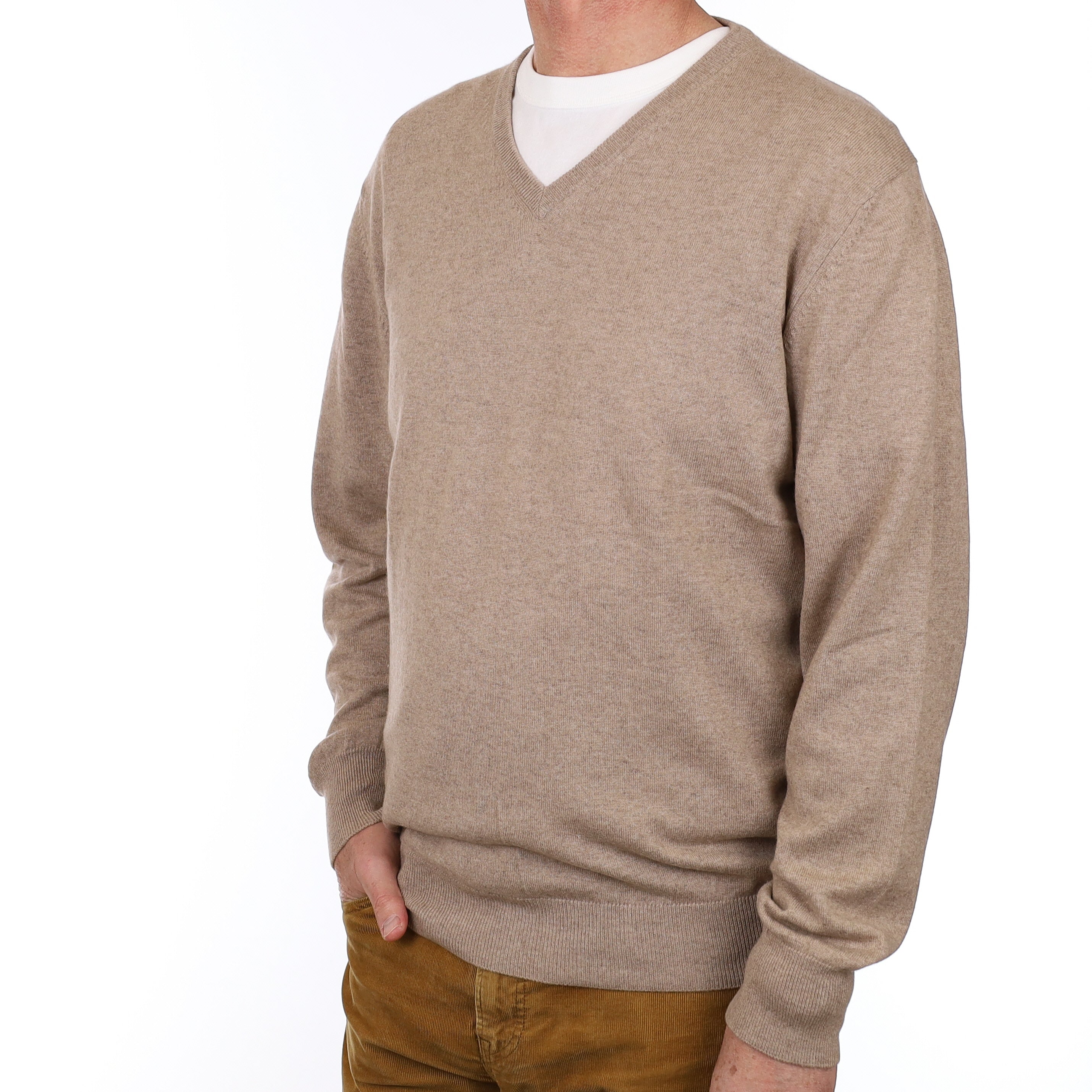 Men’s Fawn Brown Cashmere V Neck Jumper Extra Large