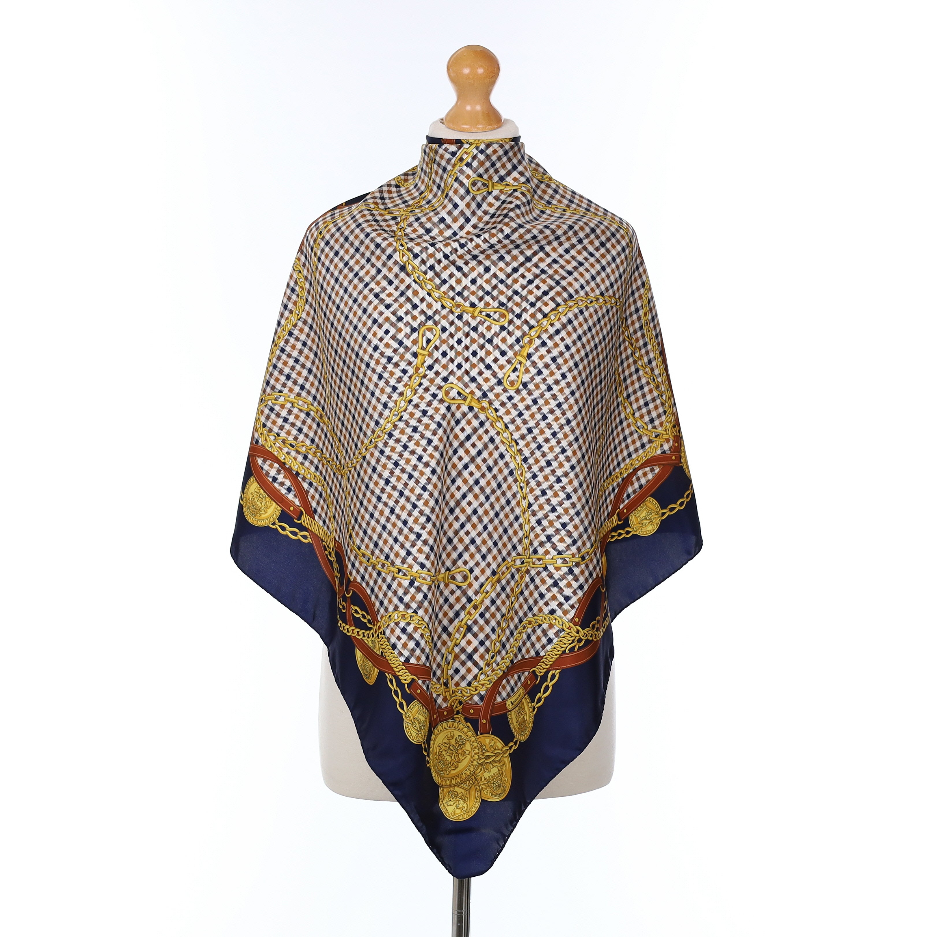 Aquascutum Gold Chain Checked Vintage Silk Scarf