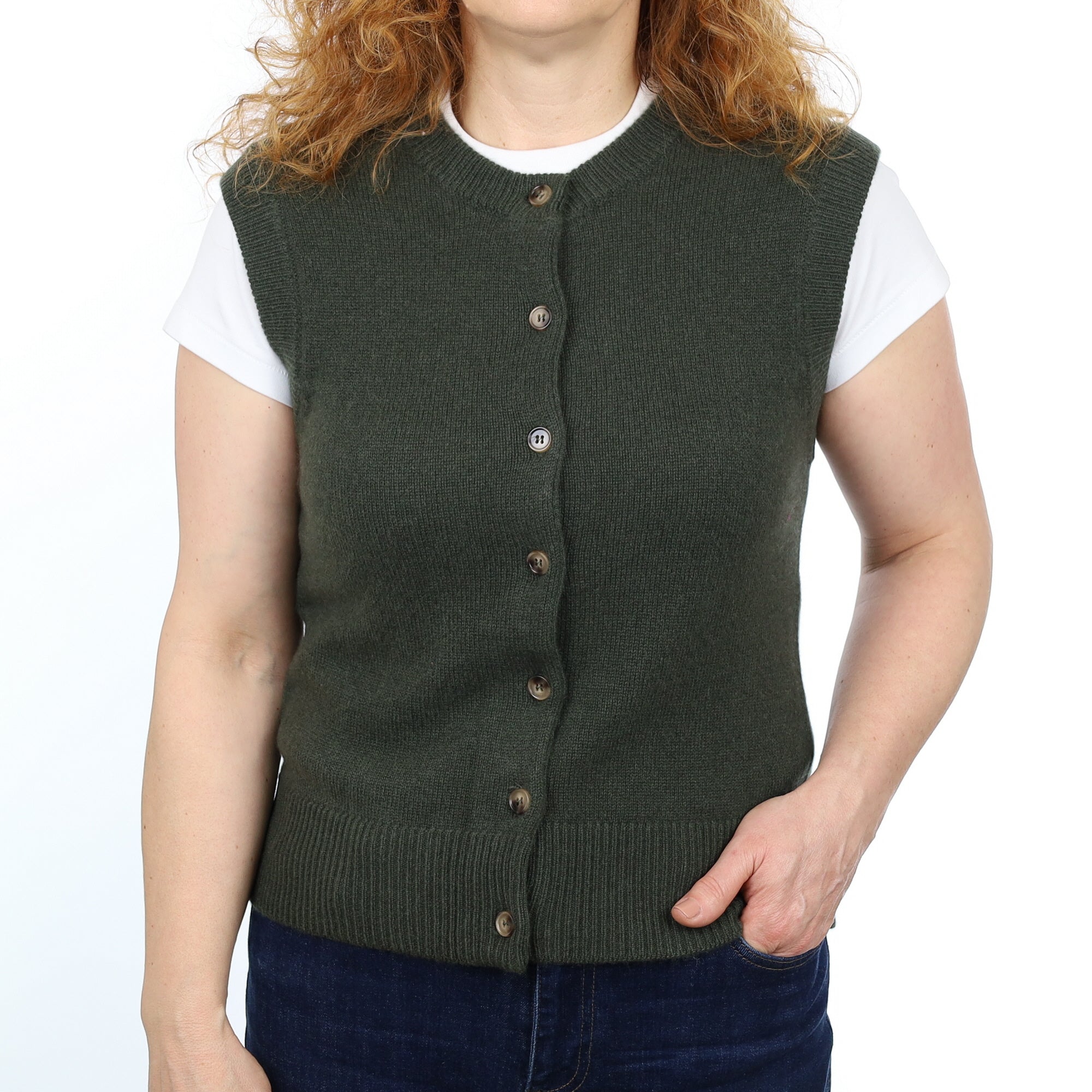 Brand New Khaki Luxury Cashmere Crew Neck Waistcoat Medium UK 12-14