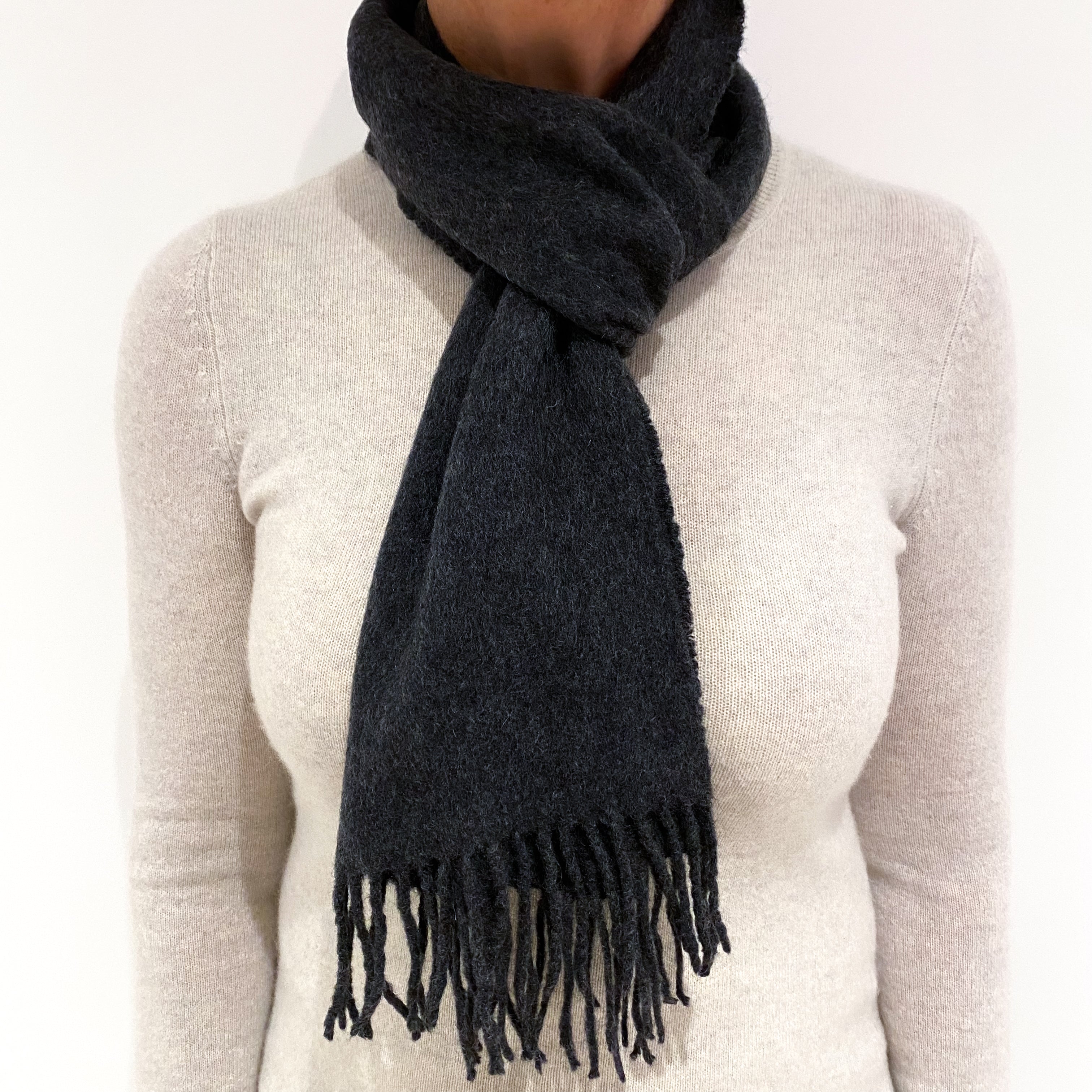 Charcoal Grey Cashmere Fringed Woven Scarf