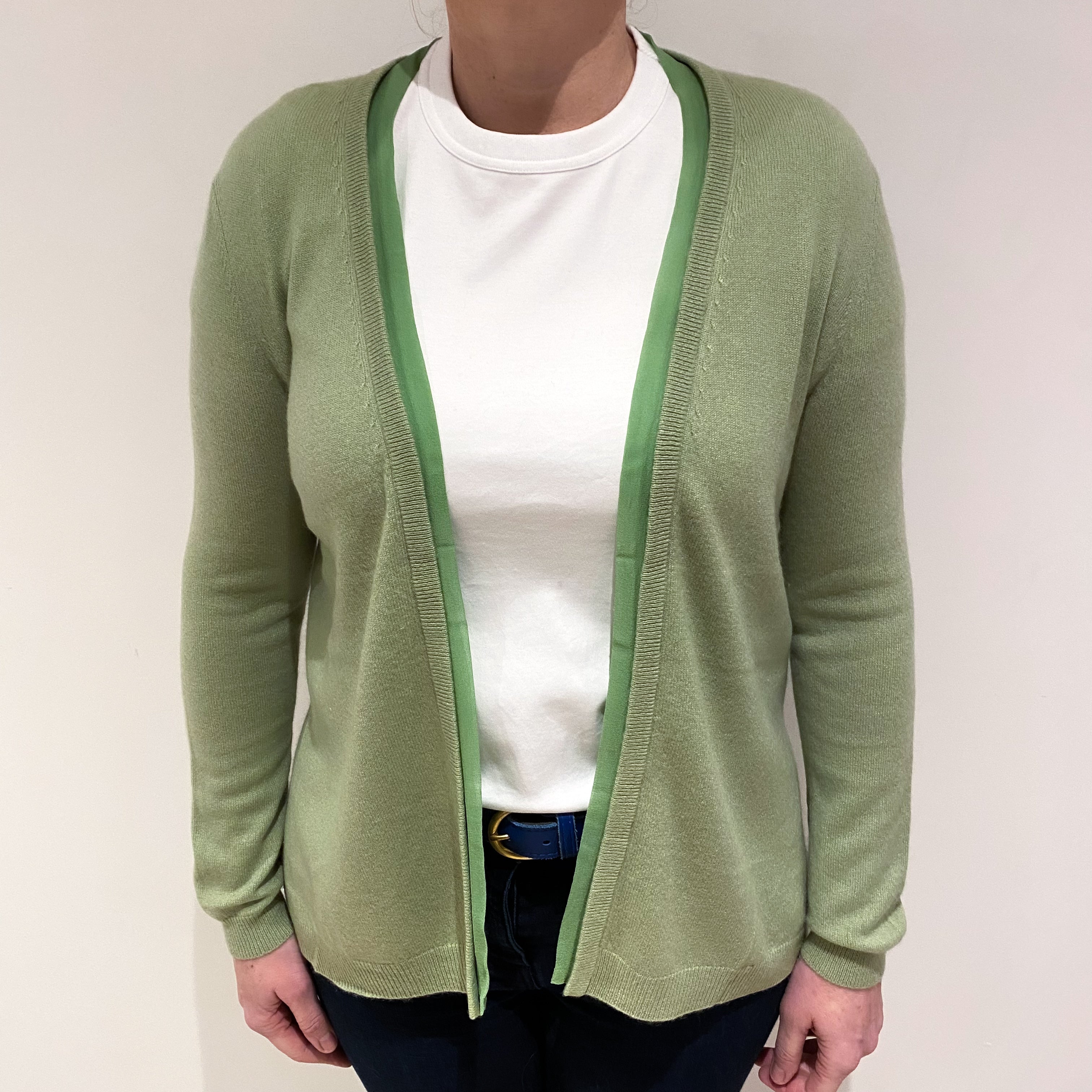 Pear Green Cashmere Edge to Edge Cardigan Large