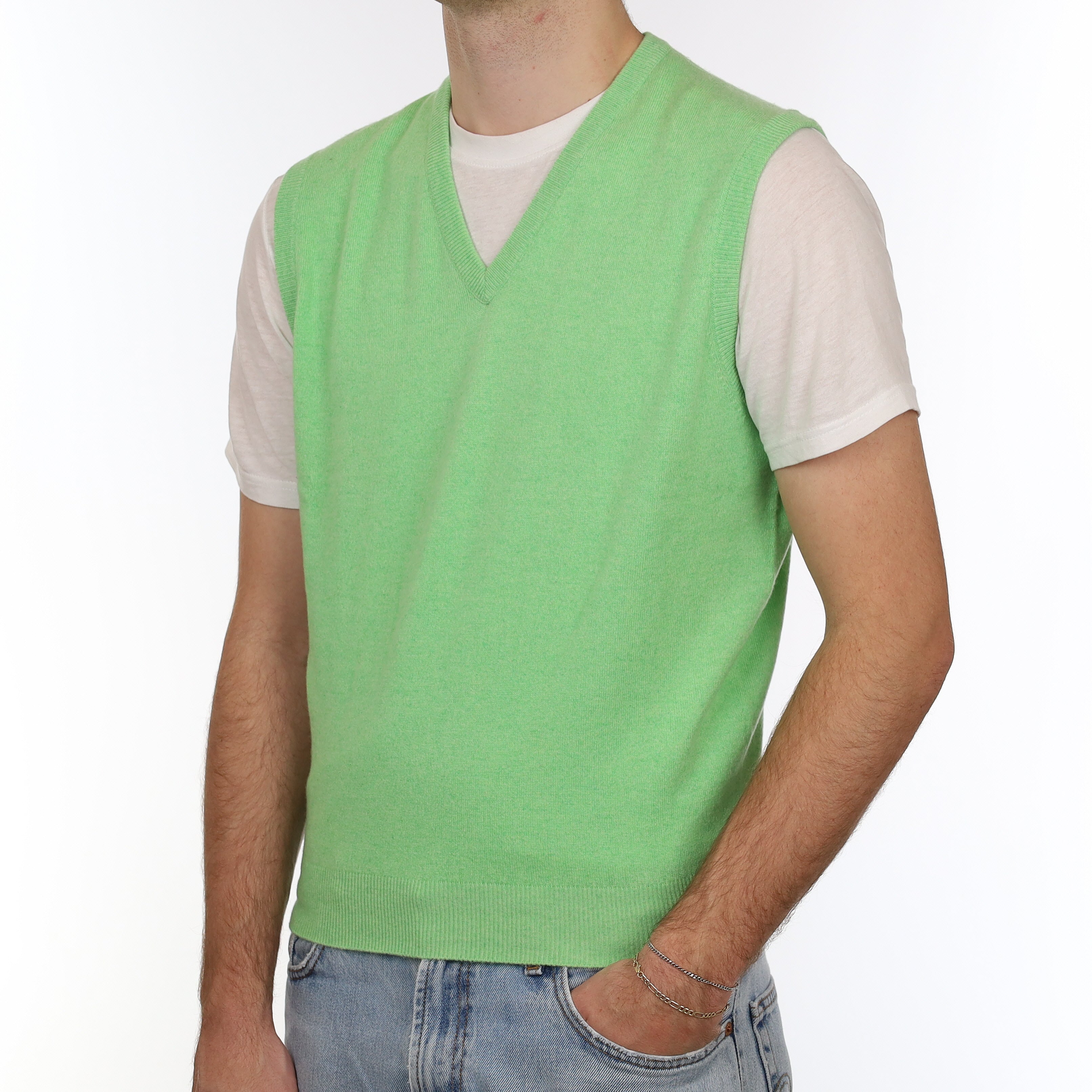 Men's Brand New Scottish Neon Green Cashmere V Neck Tank Top Medium