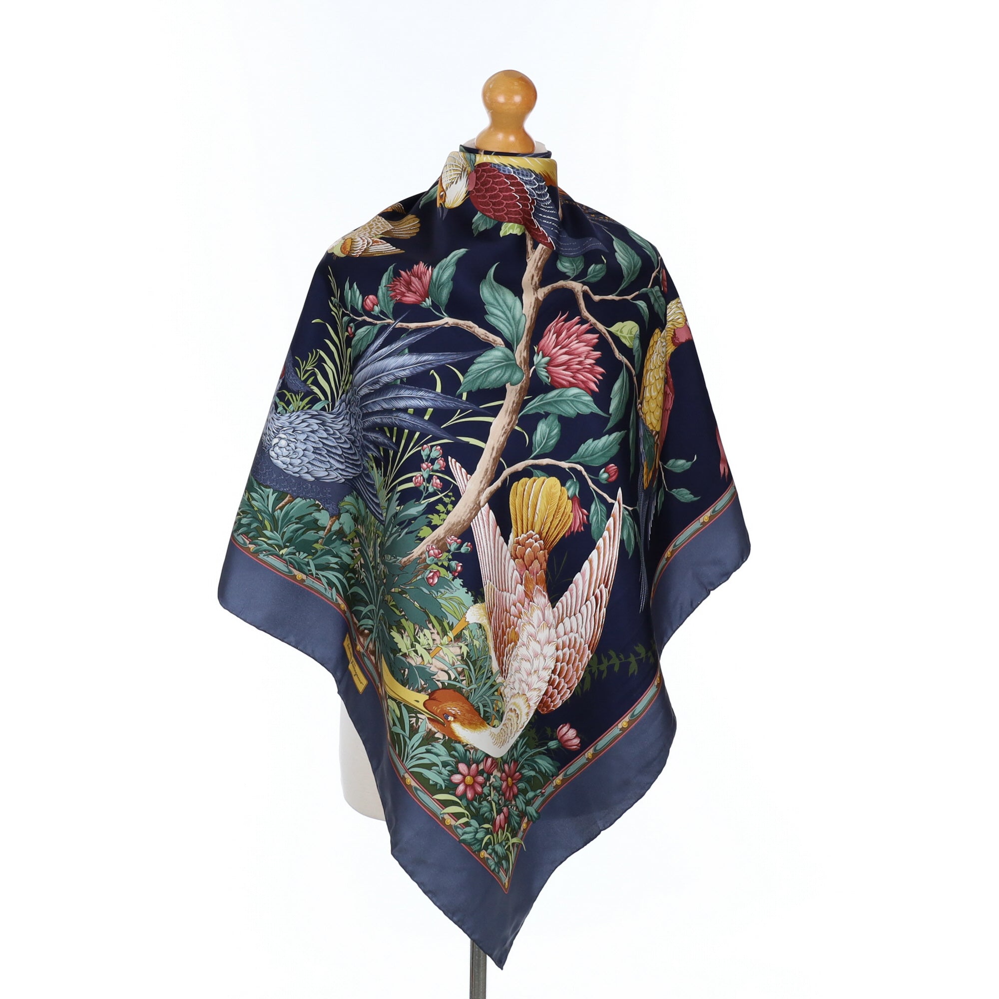 Salvatore Ferragamo Blue Botanical Bird Silk Scarf