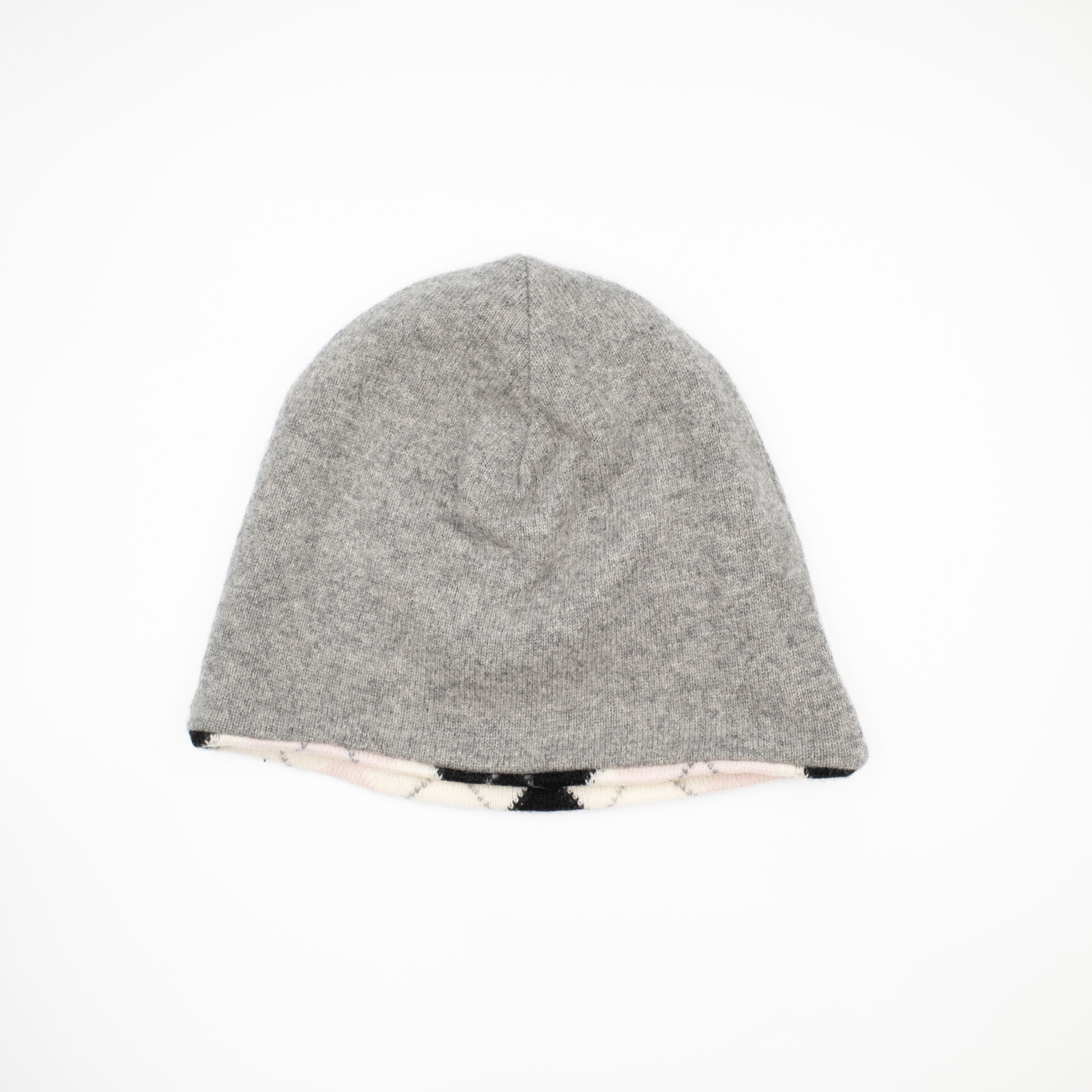 Smoke Grey and Pink Cream Argyle Cashmere Beanie Hat