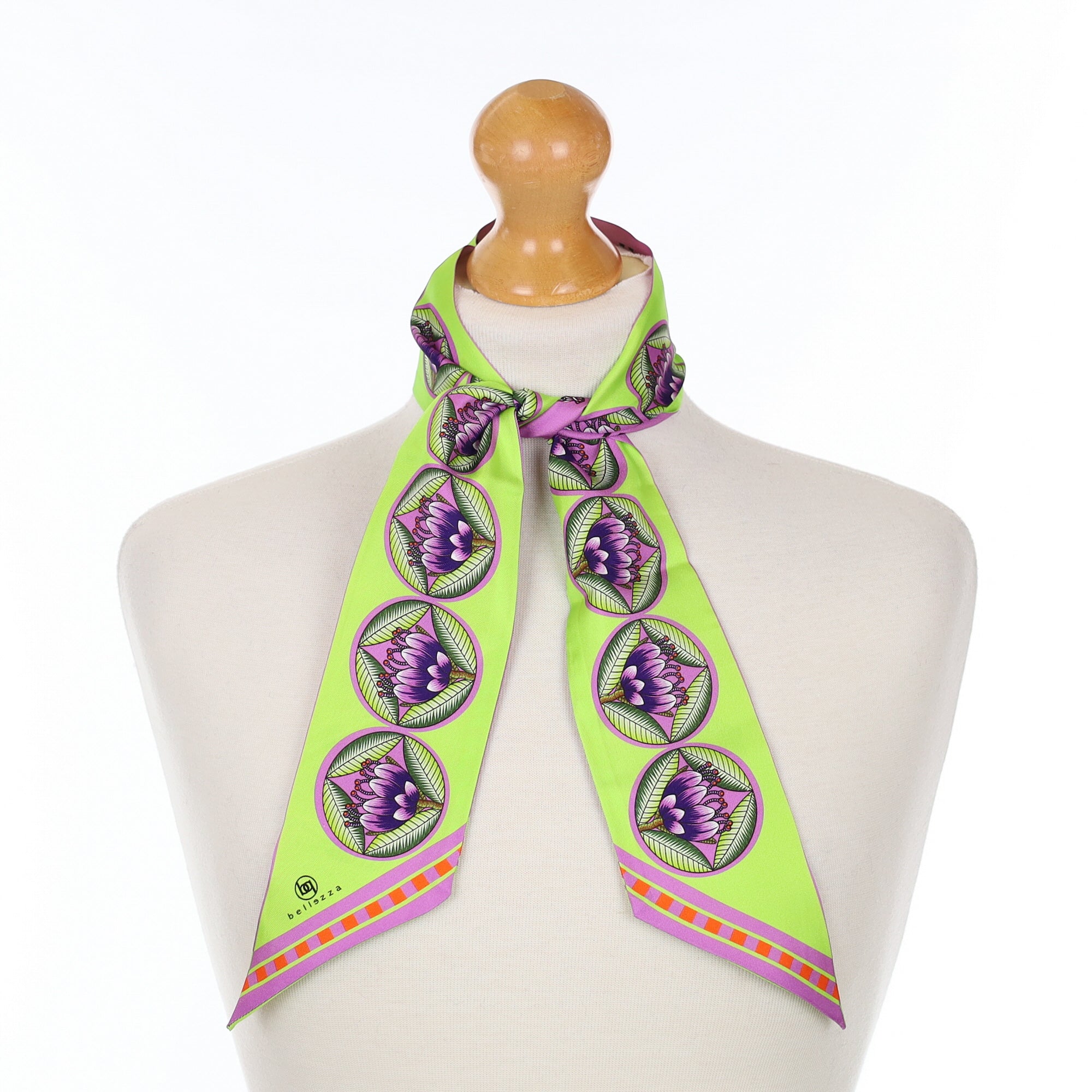 Brand New Bellezza Purple & Lime Zebra Tropical Double Faced Silk Twilly & Scarf Ring
