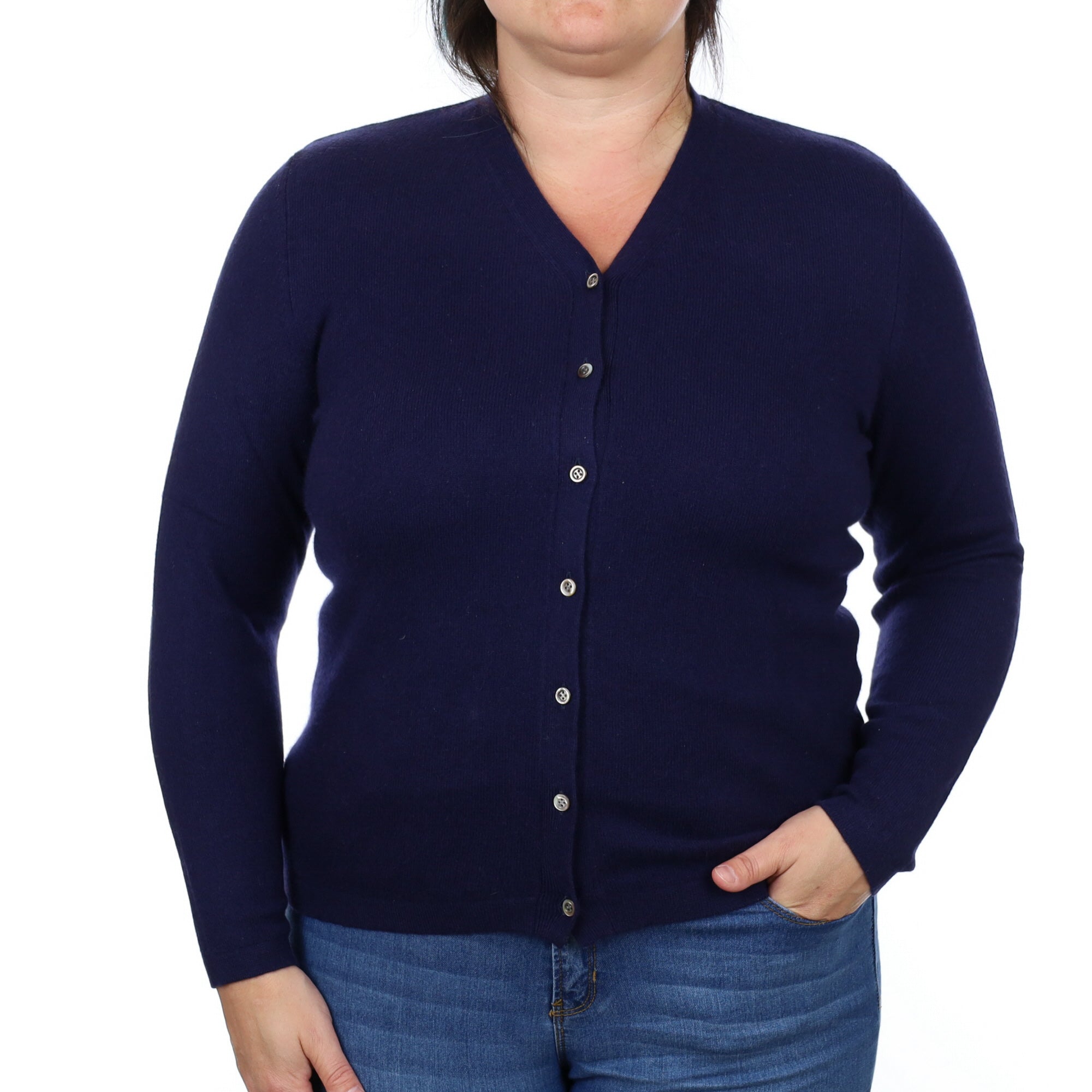 French Navy Cashmere V Neck Cardigan Large